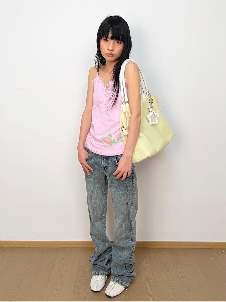 in two twos Floral Lace Trim Cross Front Adjustable Strap Cotton Women&