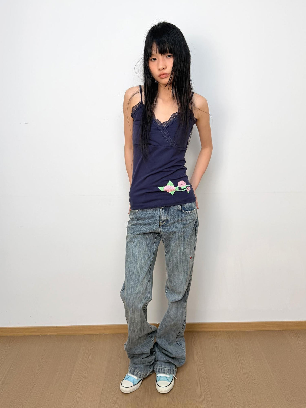 in two twos Floral Lace Trim Cross Front Adjustable Strap Cotton Women&