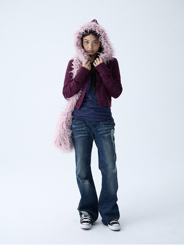 in two twos Soft Knitted Vintage Hooded Fur Collar Women&