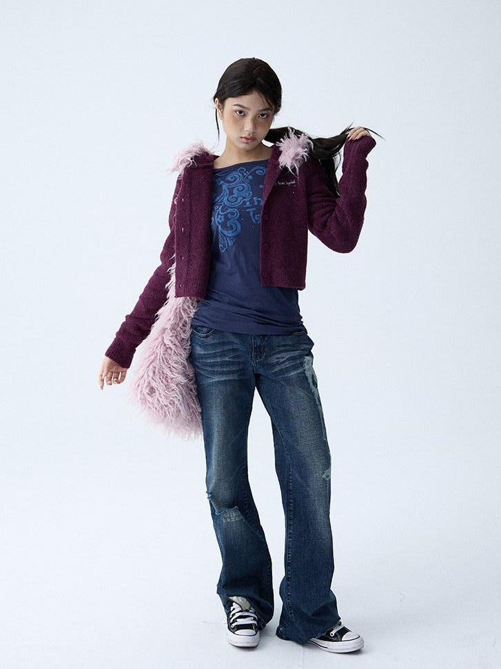 in two twos Soft Knitted Vintage Hooded Fur Collar Women&