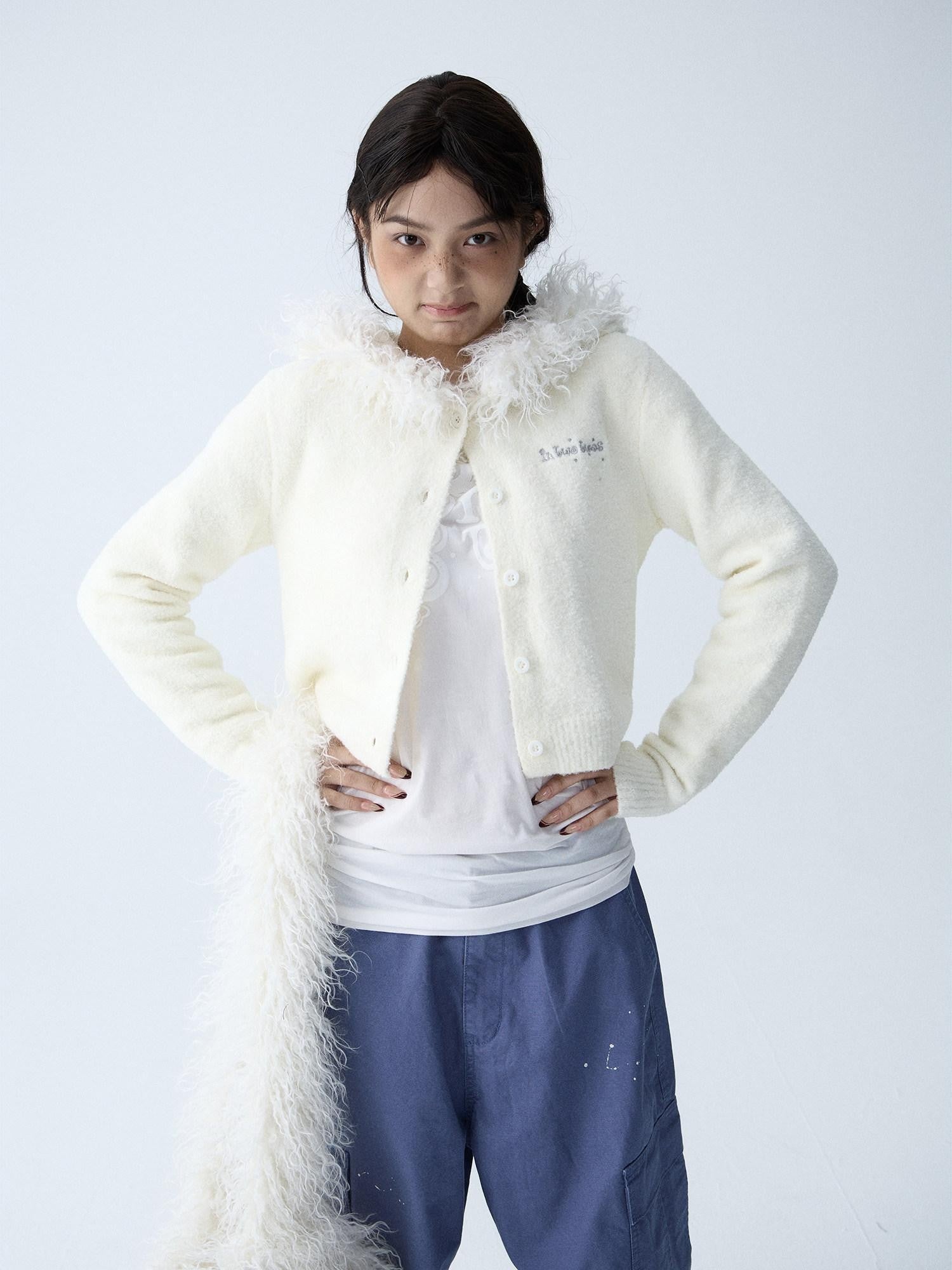 in two twos Soft Knitted Vintage Hooded Fur Collar Women&