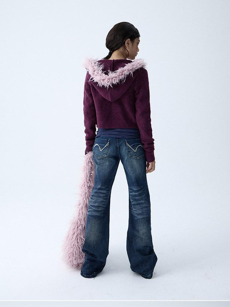 in two twos Soft Knitted Vintage Hooded Fur Collar Women&