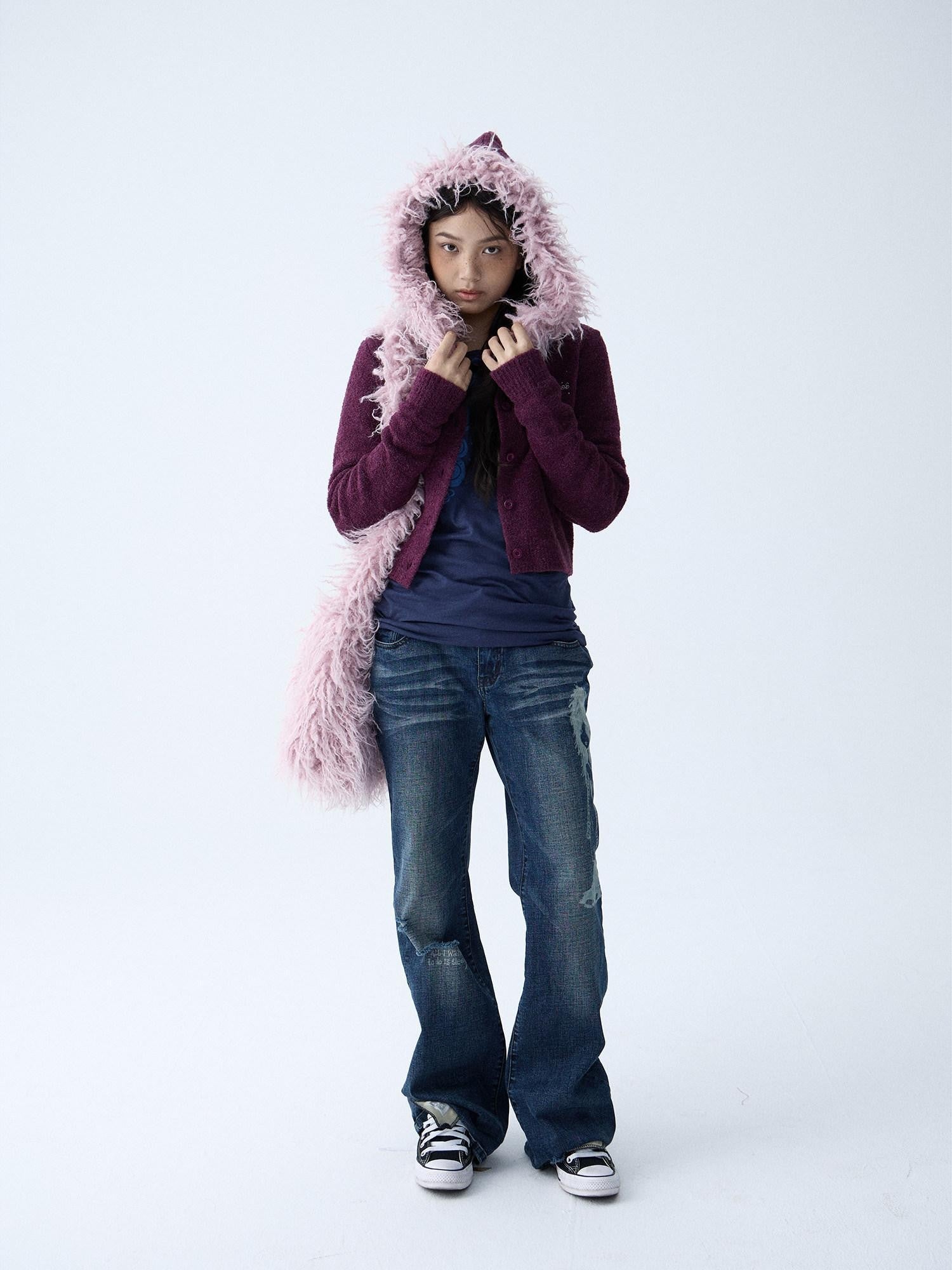 in two twos Soft Knitted Vintage Hooded Fur Collar Women&