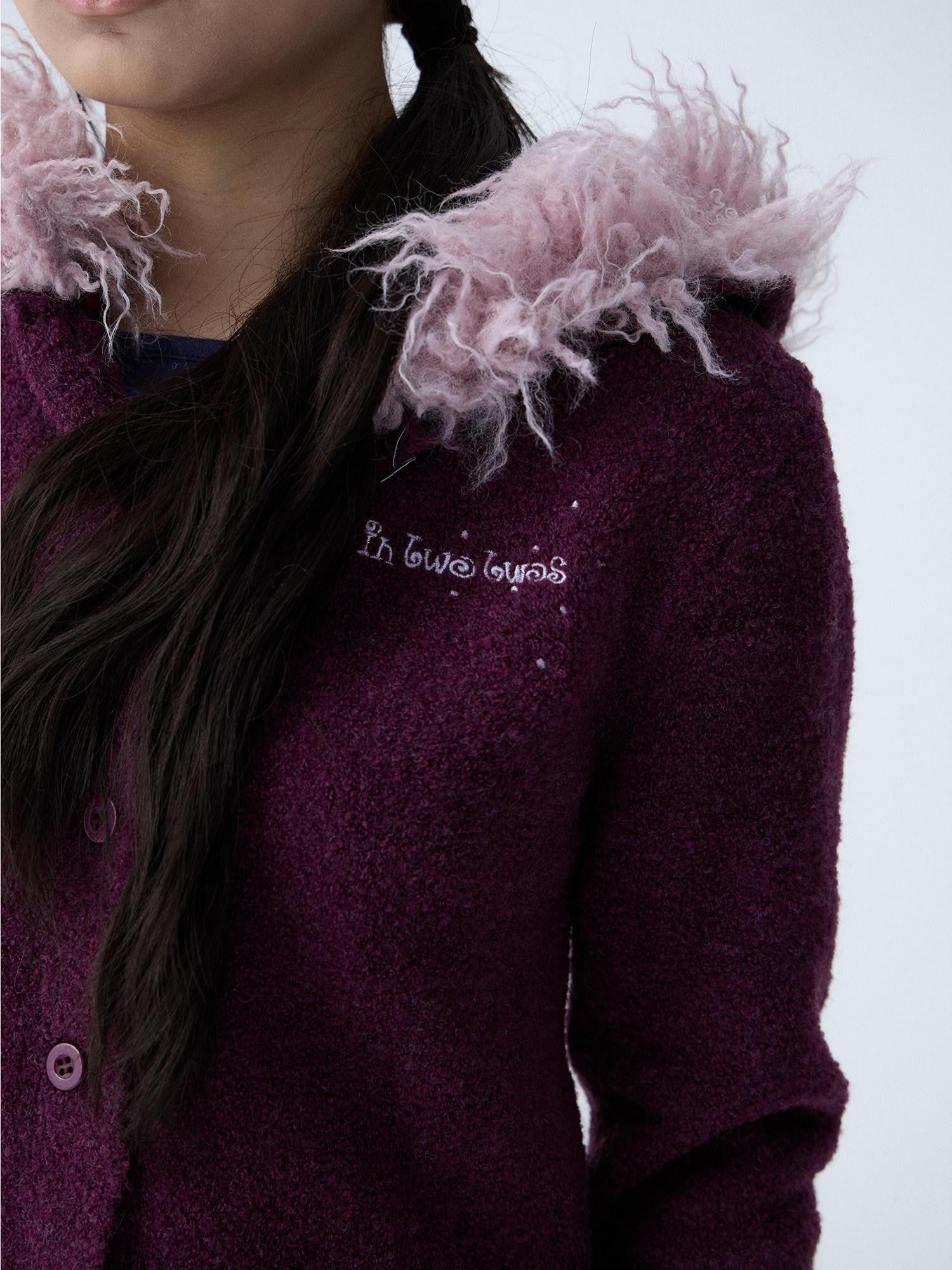 in two twos Soft Knitted Vintage Hooded Fur Collar Women&