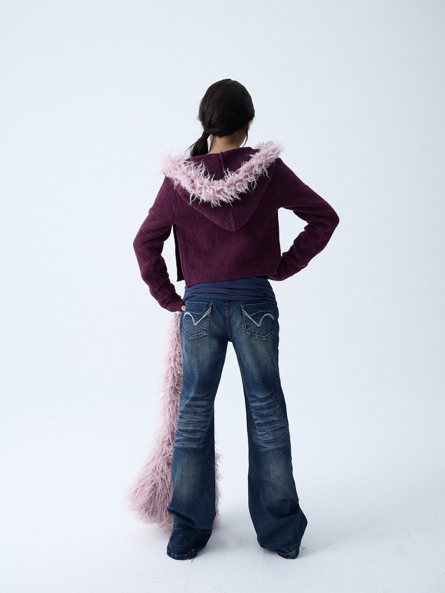 in two twos Soft Knitted Vintage Hooded Fur Collar Women&