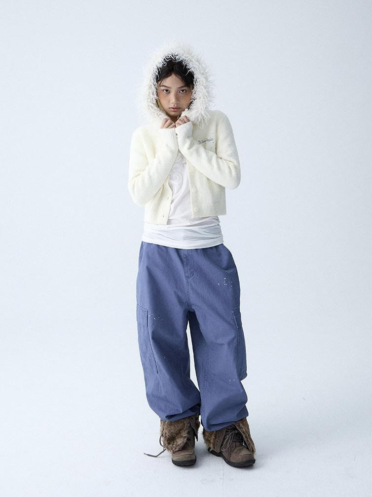 in two twos Soft Knitted Vintage Hooded Fur Collar Women&