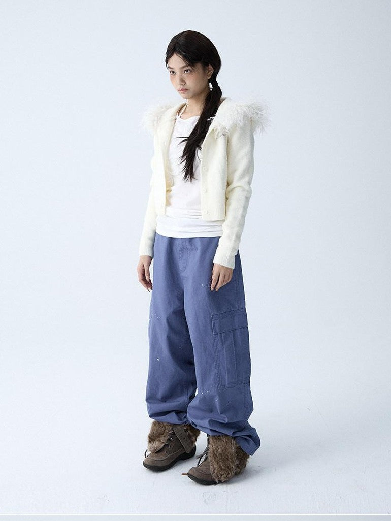 in two twos Soft Knitted Vintage Hooded Fur Collar Women&