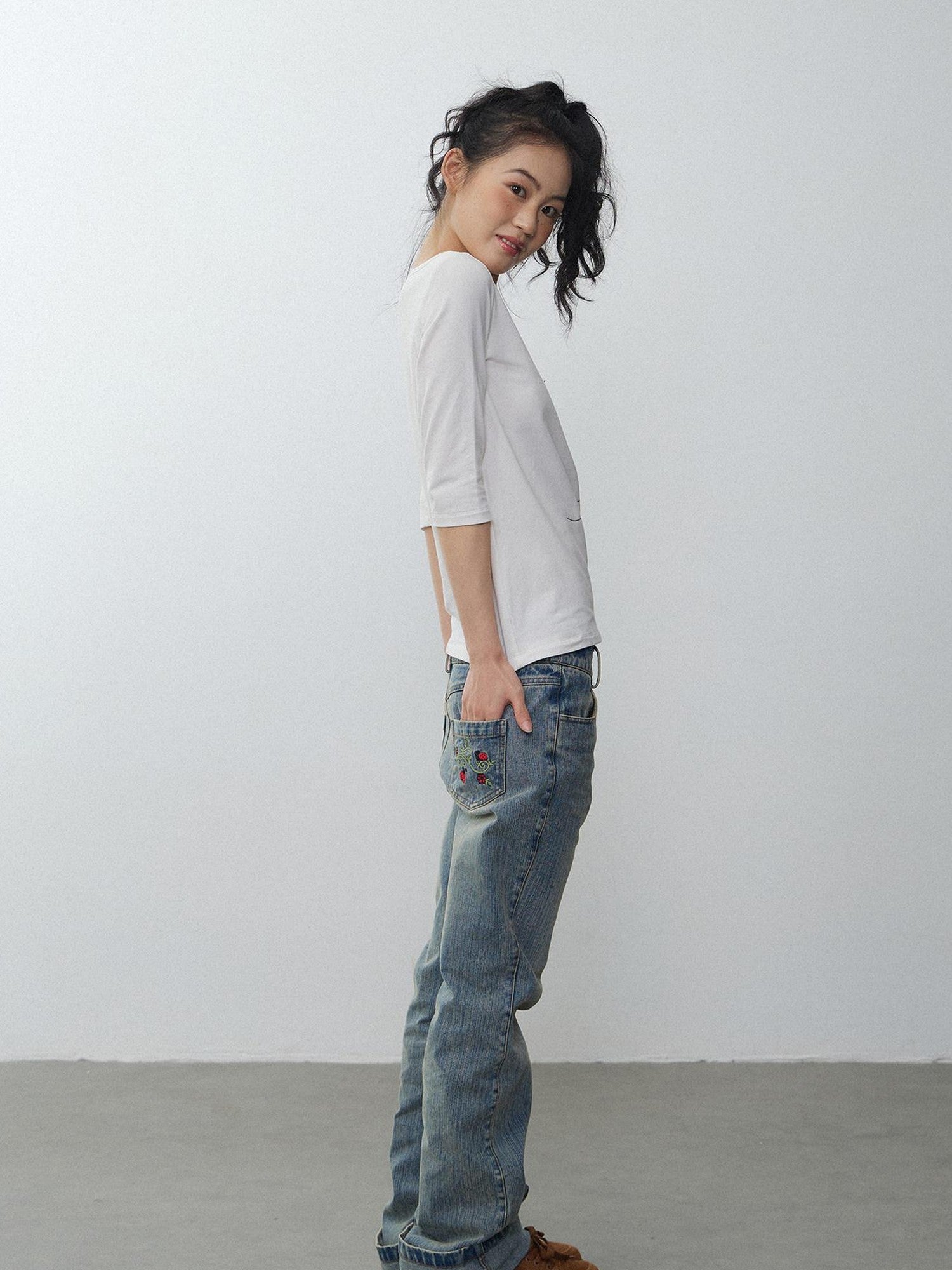 in two twos Washed Distressed Beetle Embroidered Women&