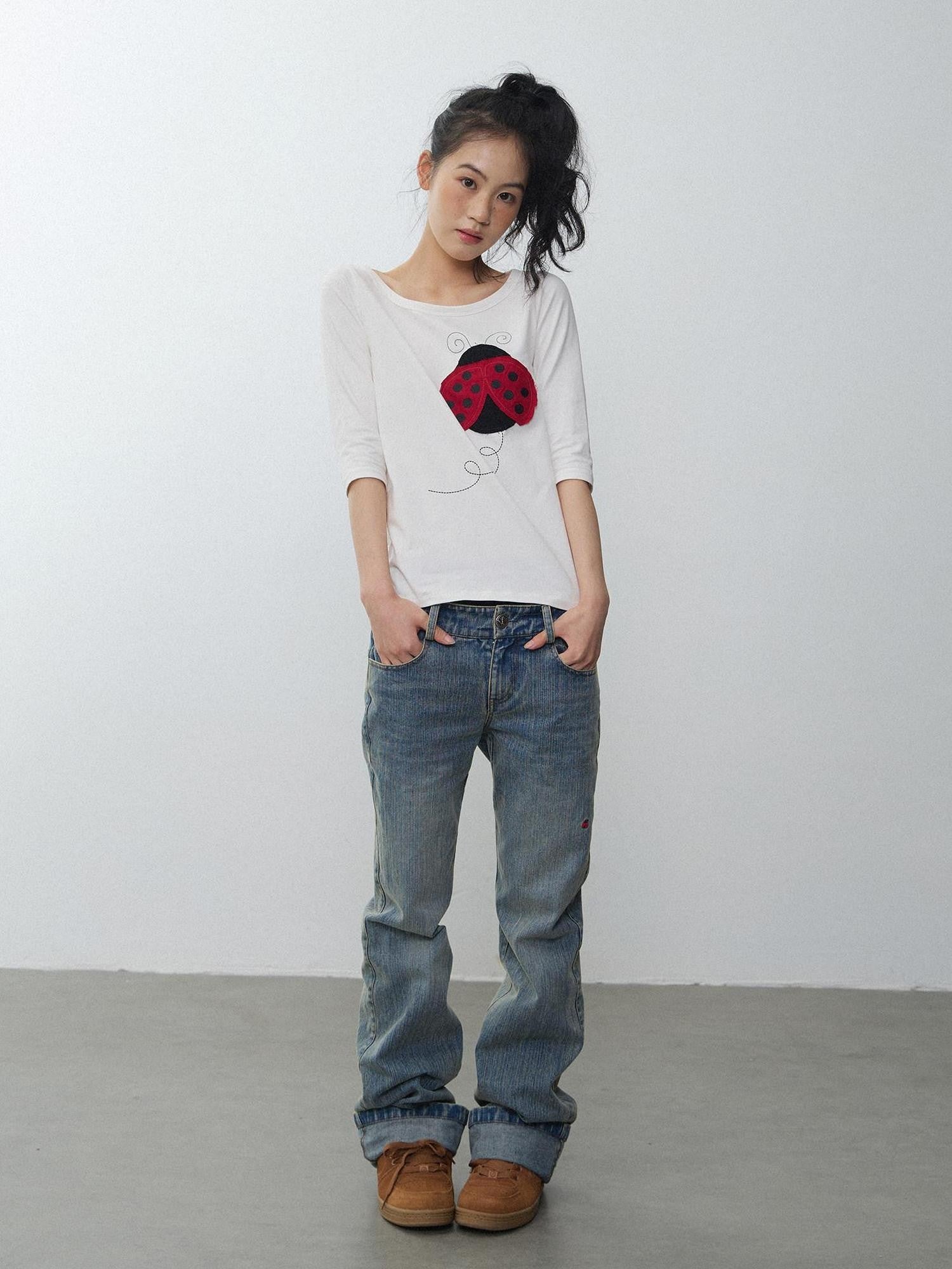 in two twos Washed Distressed Beetle Embroidered Women&