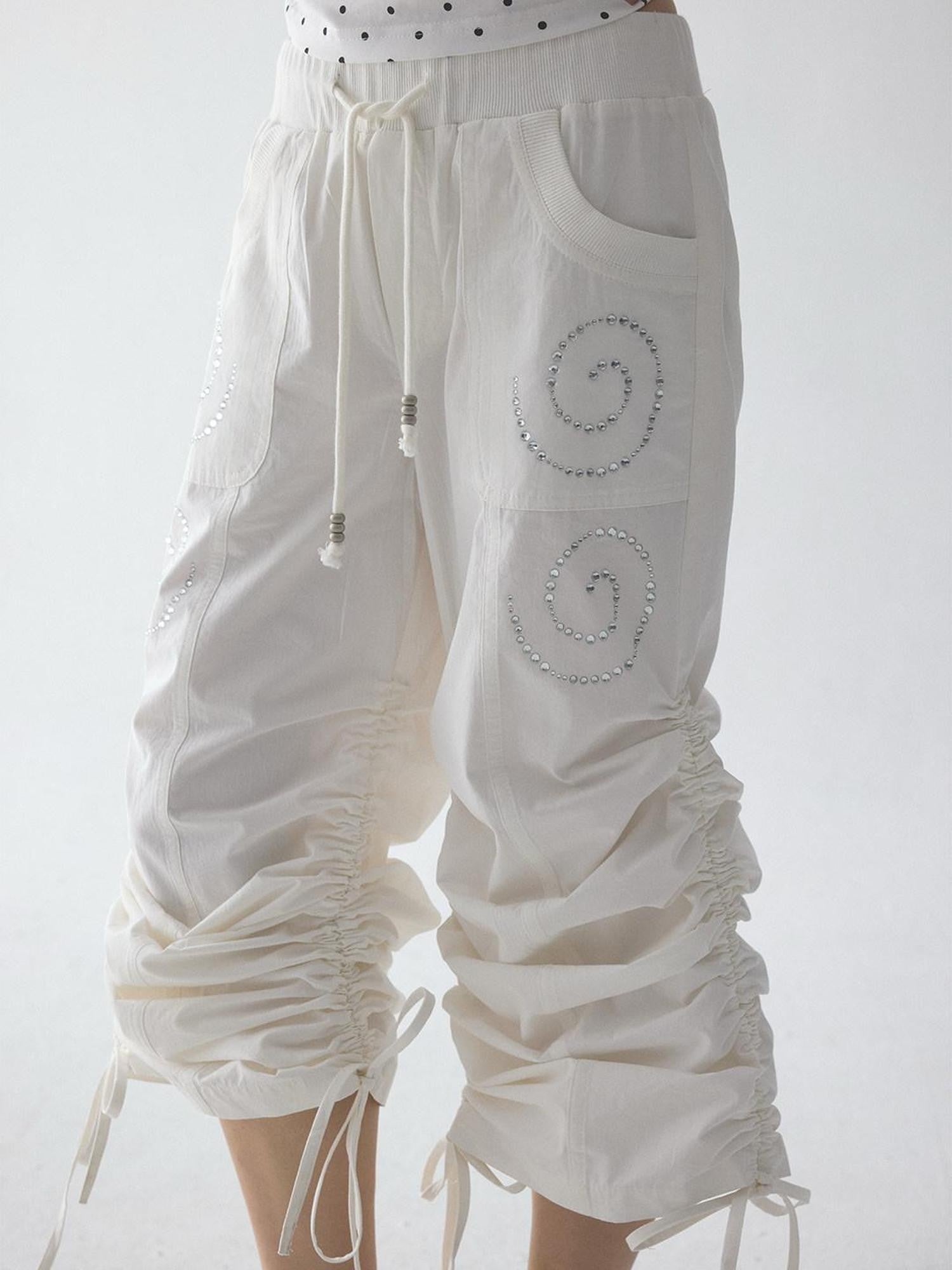 in two twos White Pleated Straight Rhinestone Elastic Women&