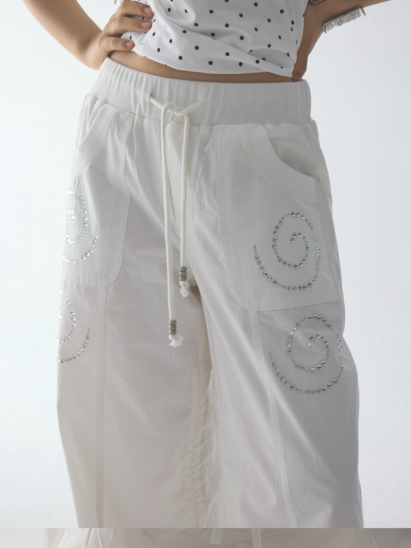 in two twos White Pleated Straight Rhinestone Elastic Women&