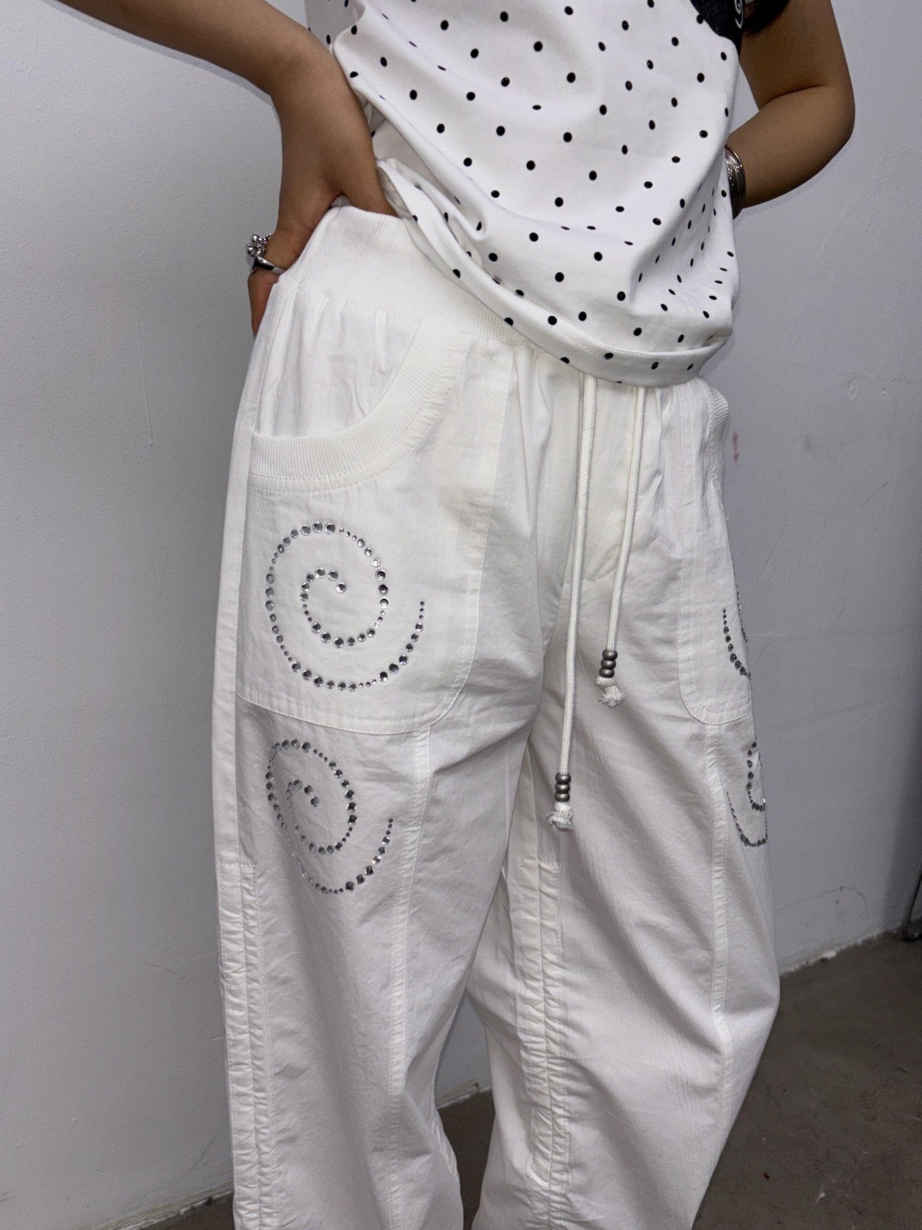 in two twos White Pleated Straight Rhinestone Elastic Women&