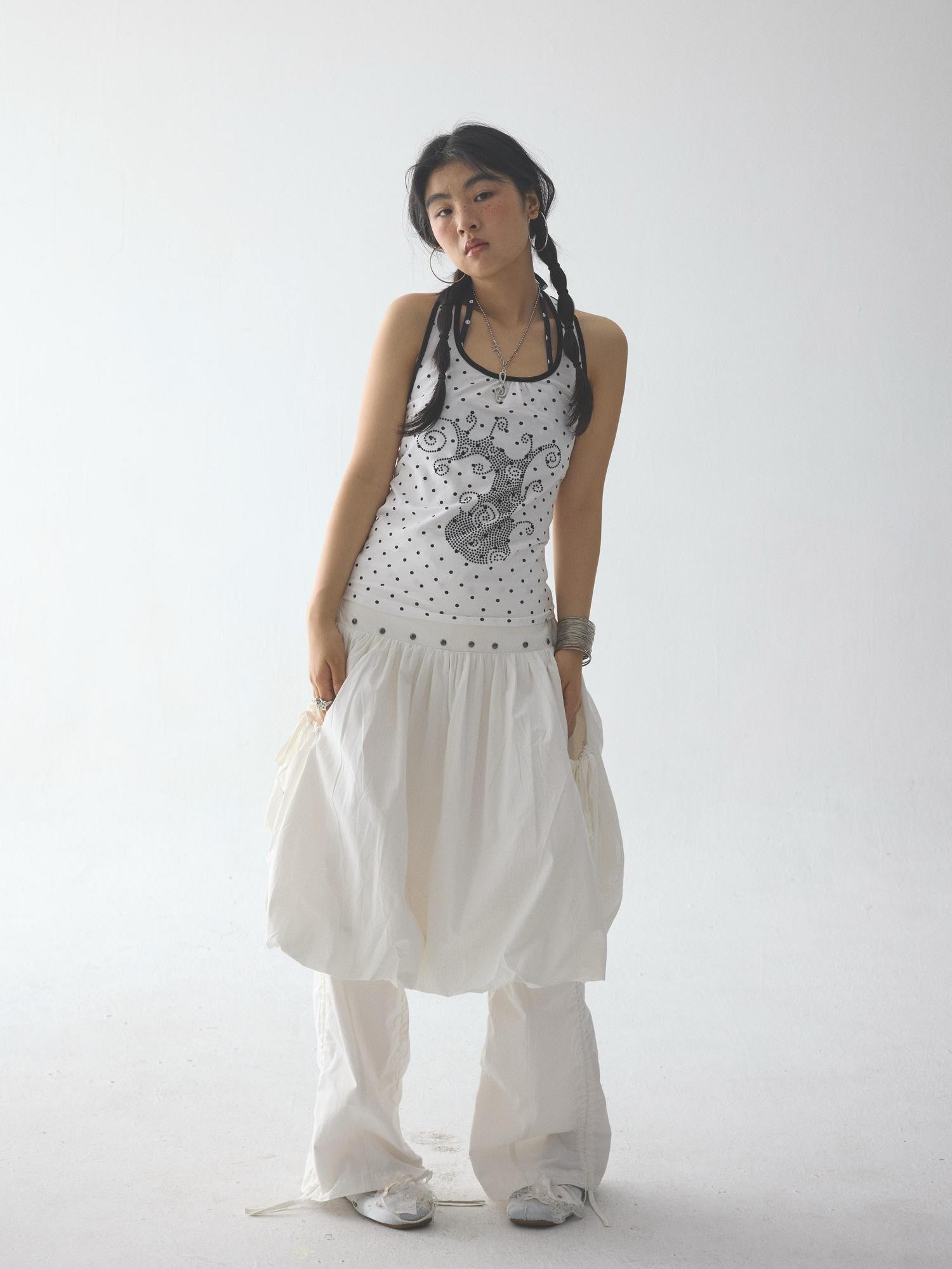 in two twos White Pleated Straight Rhinestone Elastic Women&