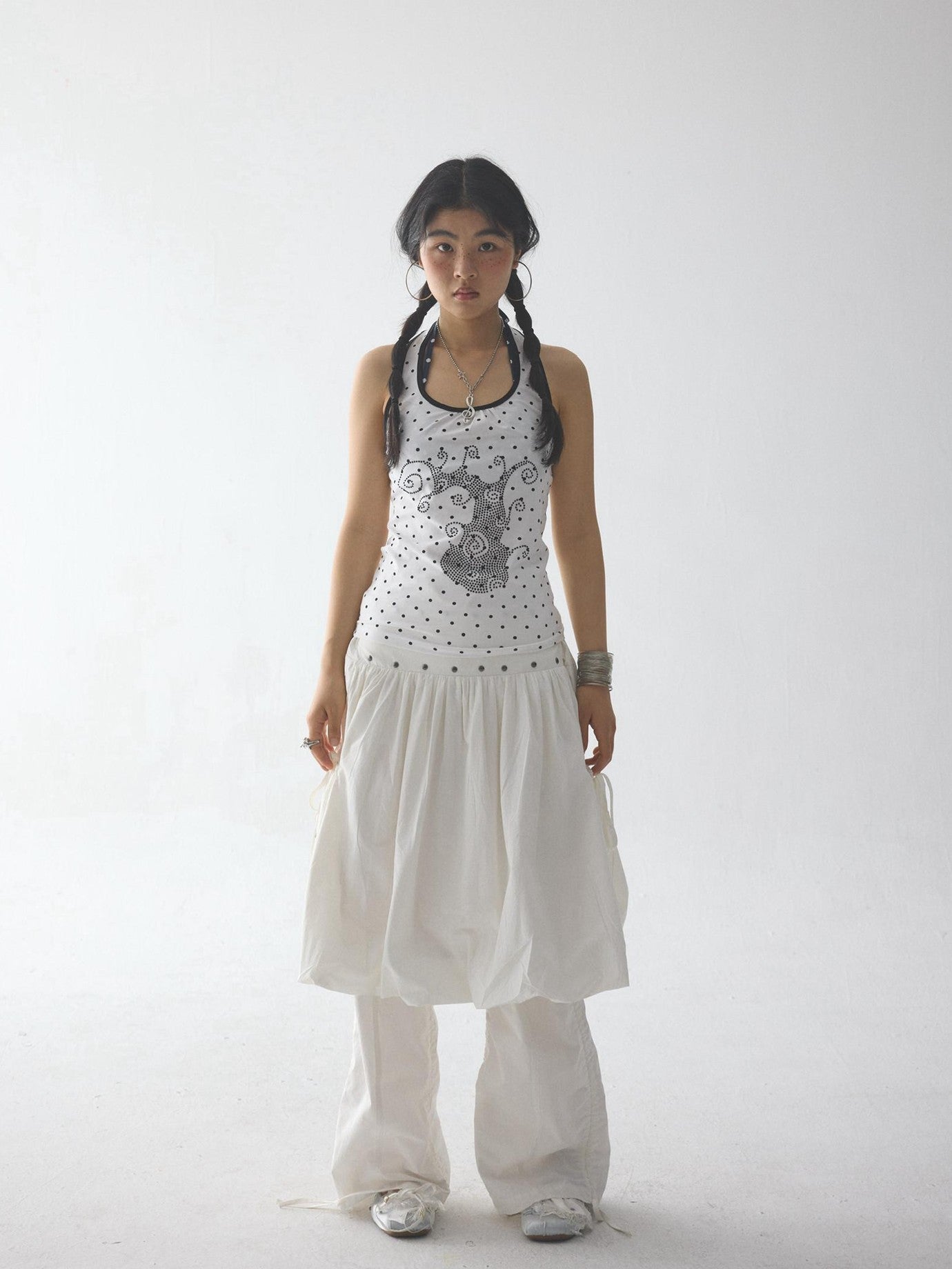in two twos White Pleated Straight Rhinestone Elastic Women&