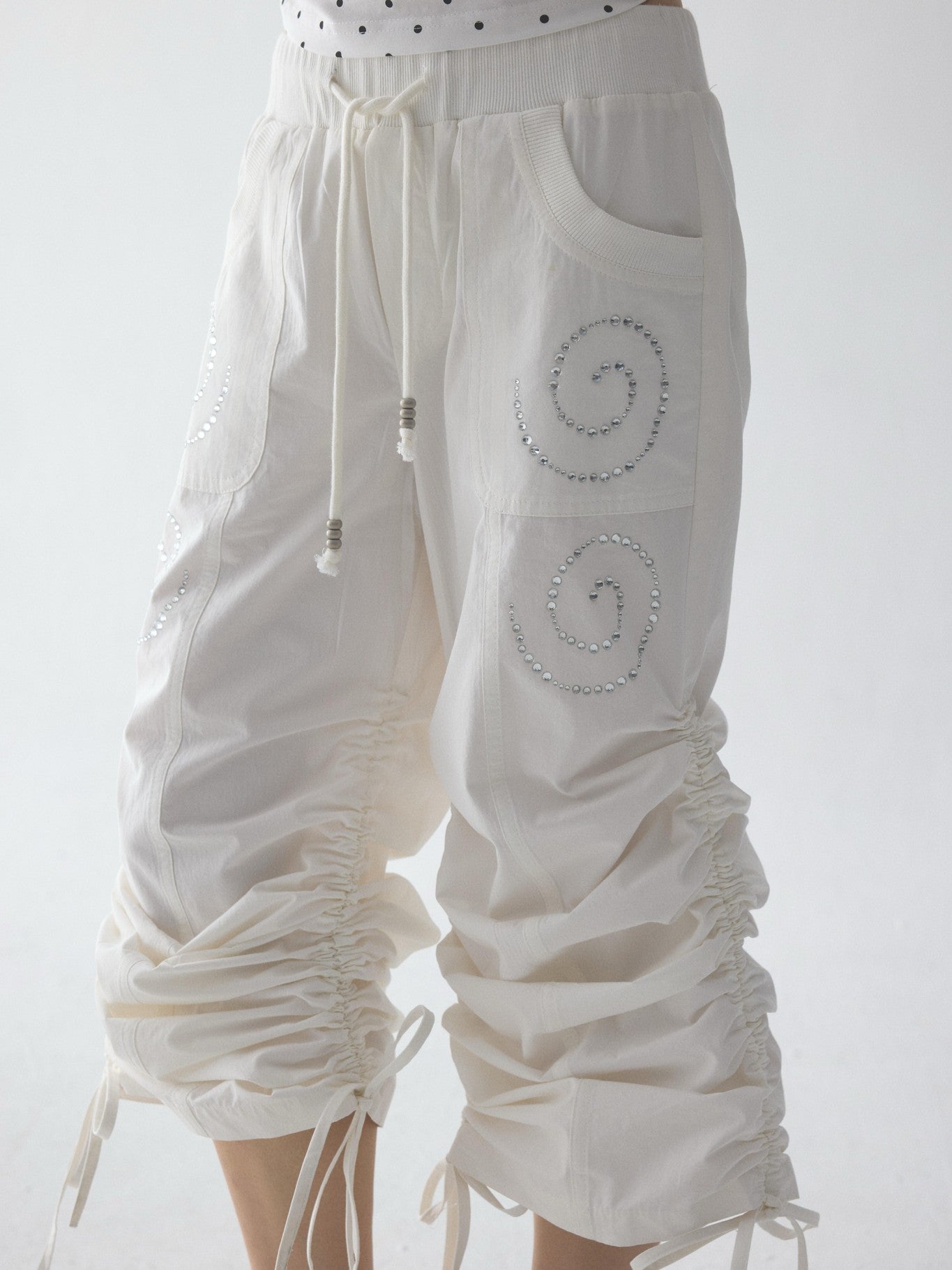 in two twos White Pleated Straight Rhinestone Elastic Women&