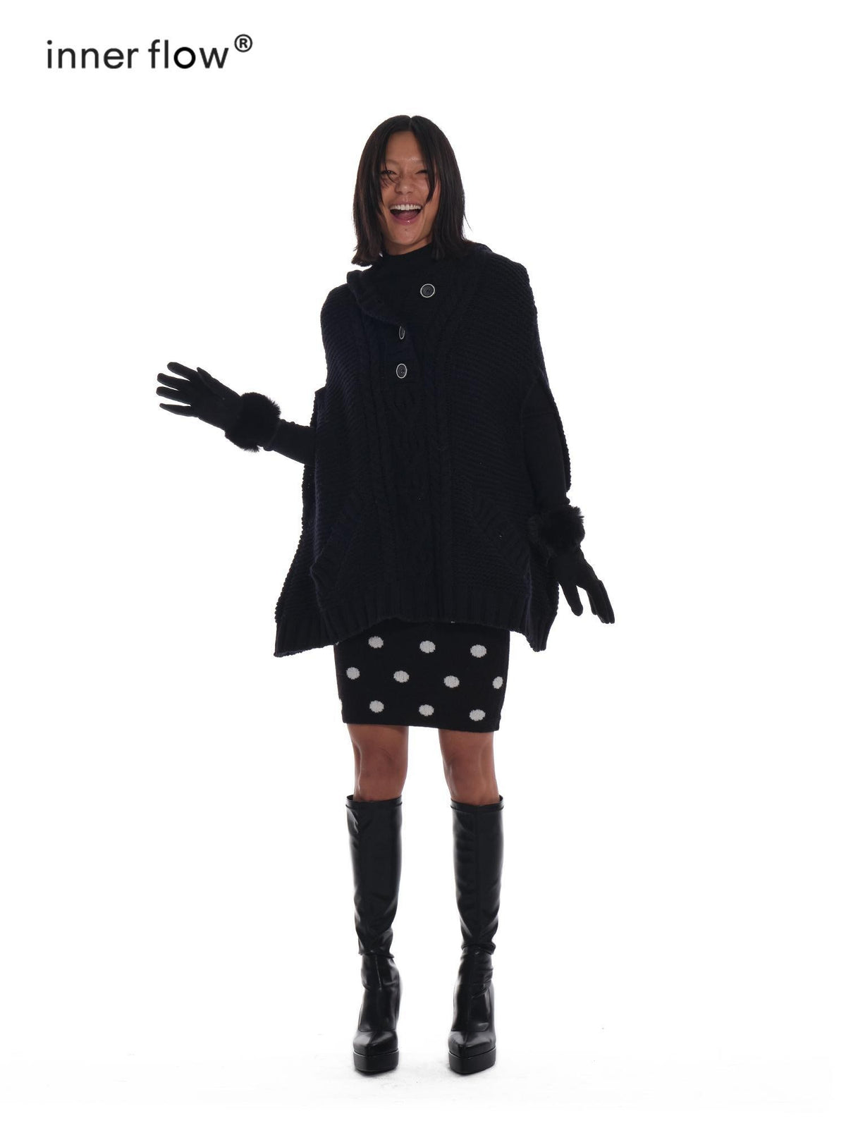 innerflow Black Cape Single Button Mid Length Loose Women&