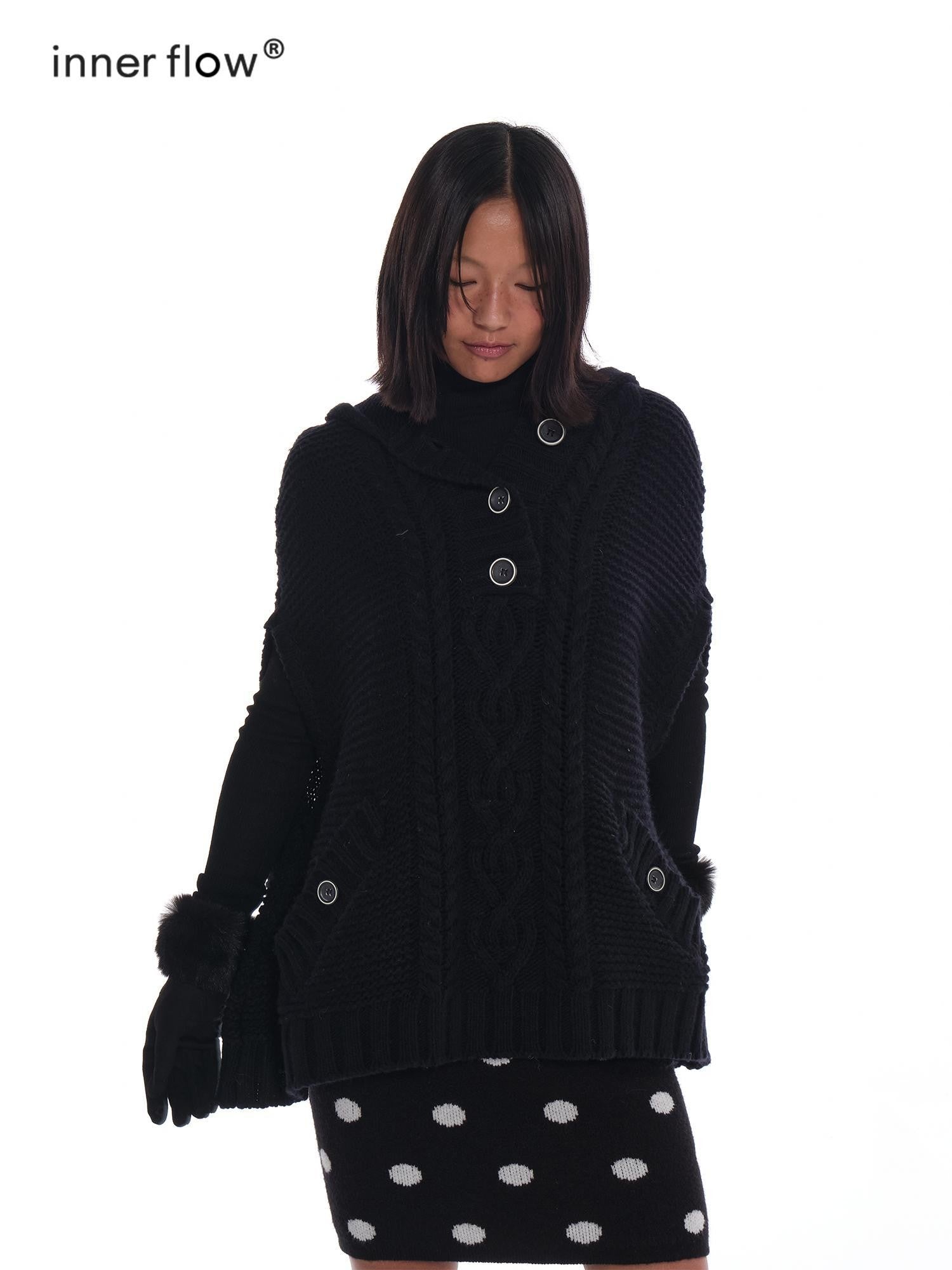 innerflow Black Cape Single Button Mid Length Loose Women&