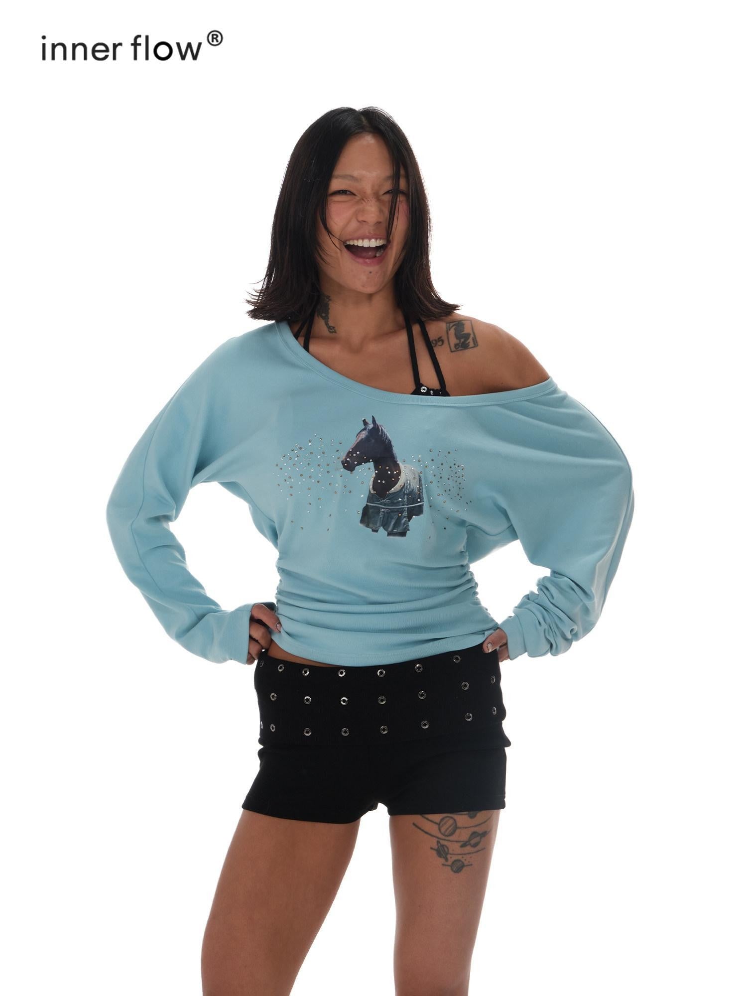 innerflow Blue One Shoulder Rhinestone Slim Women&