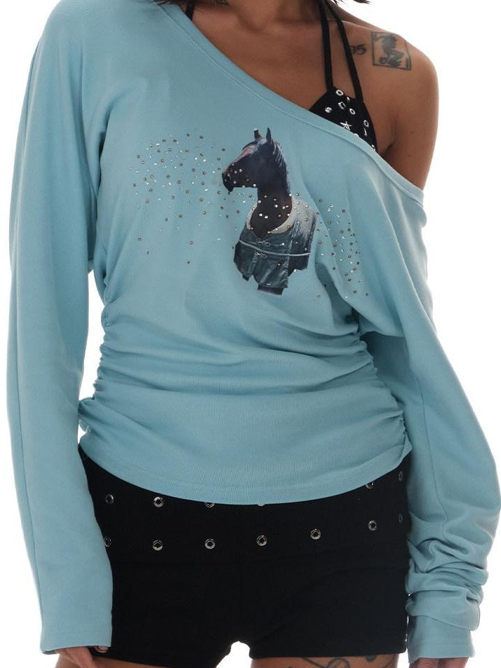 innerflow Blue One Shoulder Rhinestone Slim Women&
