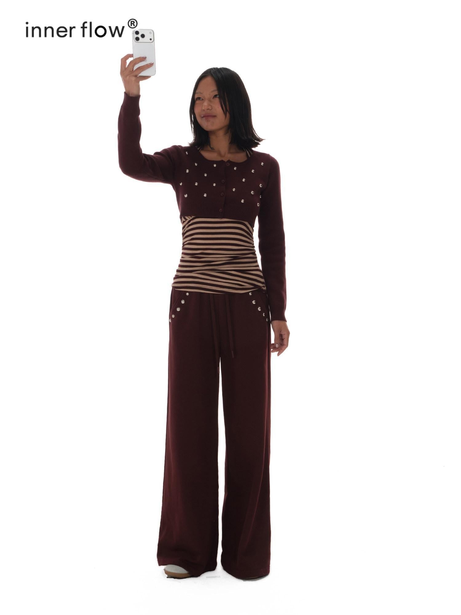 innerflow Brown Pink Striped Studded Low Round Neck Women&