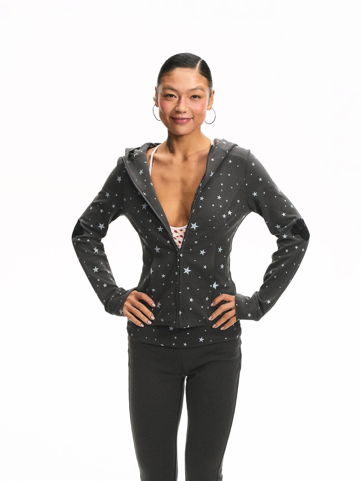 innerflow Cat Ear Hooded Slim Fit Star Print Flare Women&