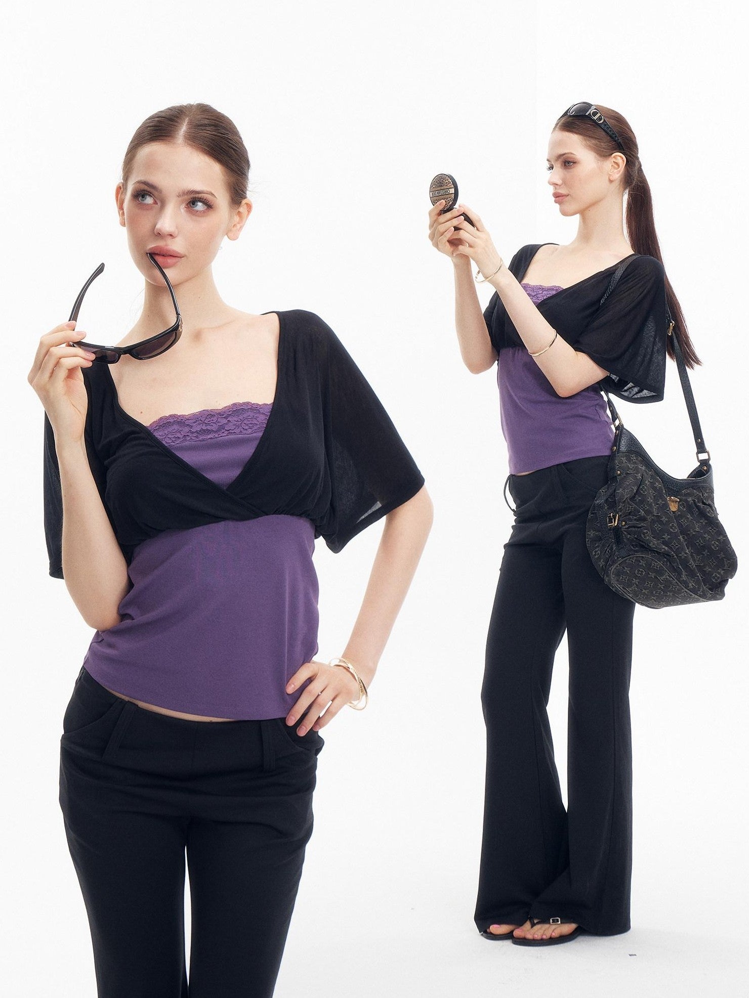 innerflow Colorblock Lace Layered V-neck Women&