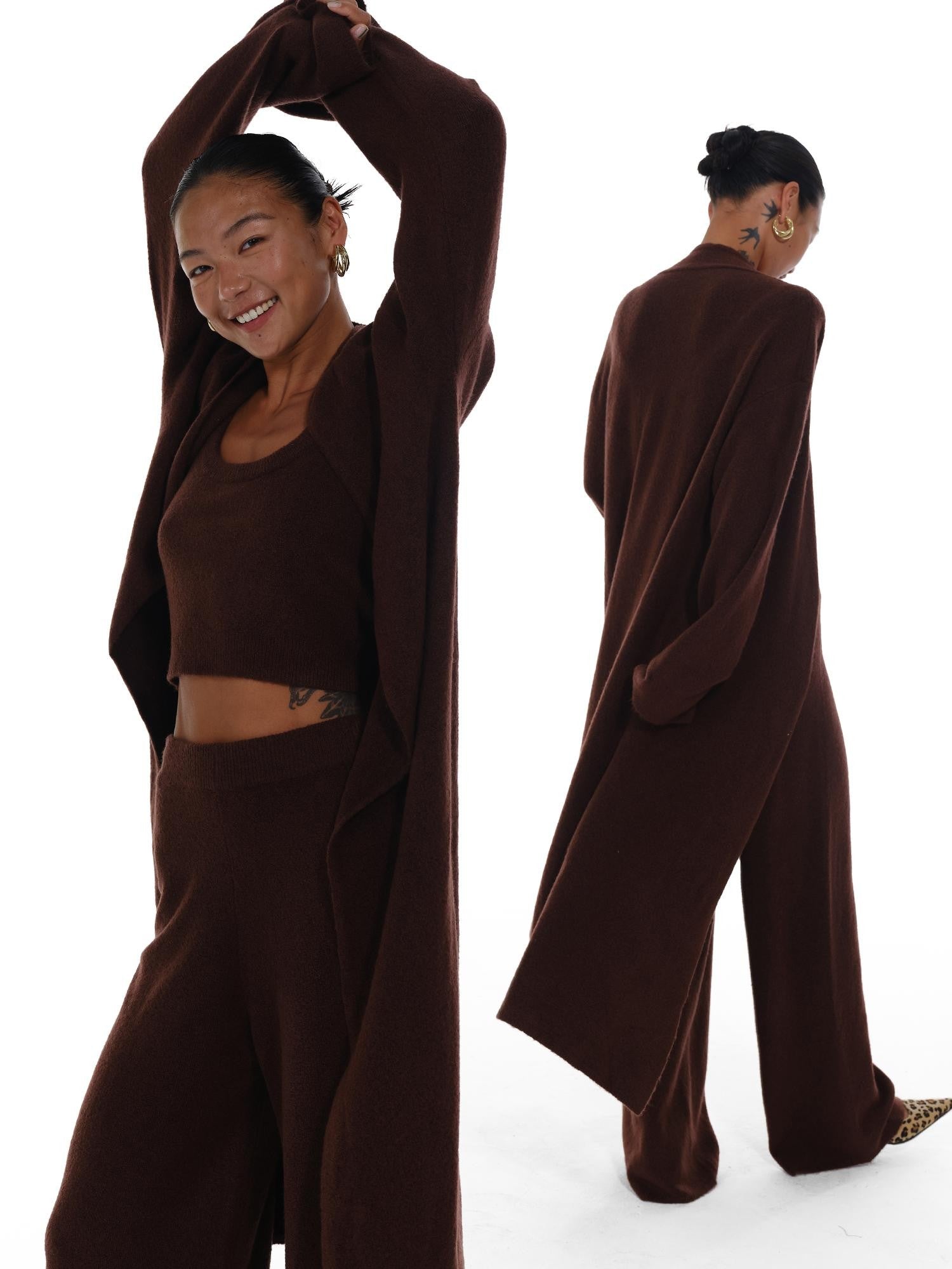innerflow Deep Brown Wool Knit Cardigan Vest Relaxed Women&