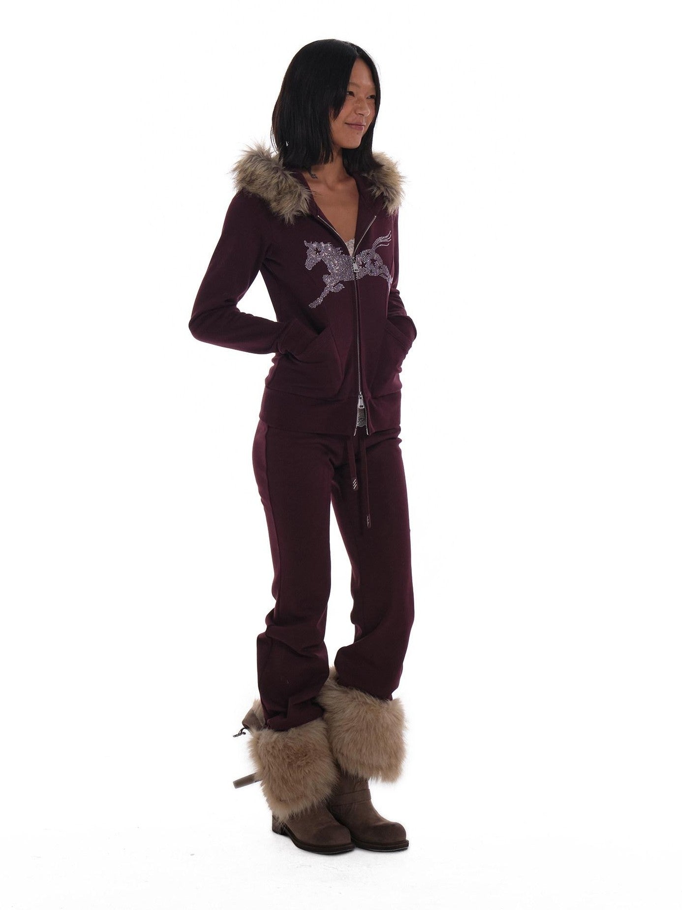 innerflow Deep Purple Rhinestone Hooded Slim Fit Women&