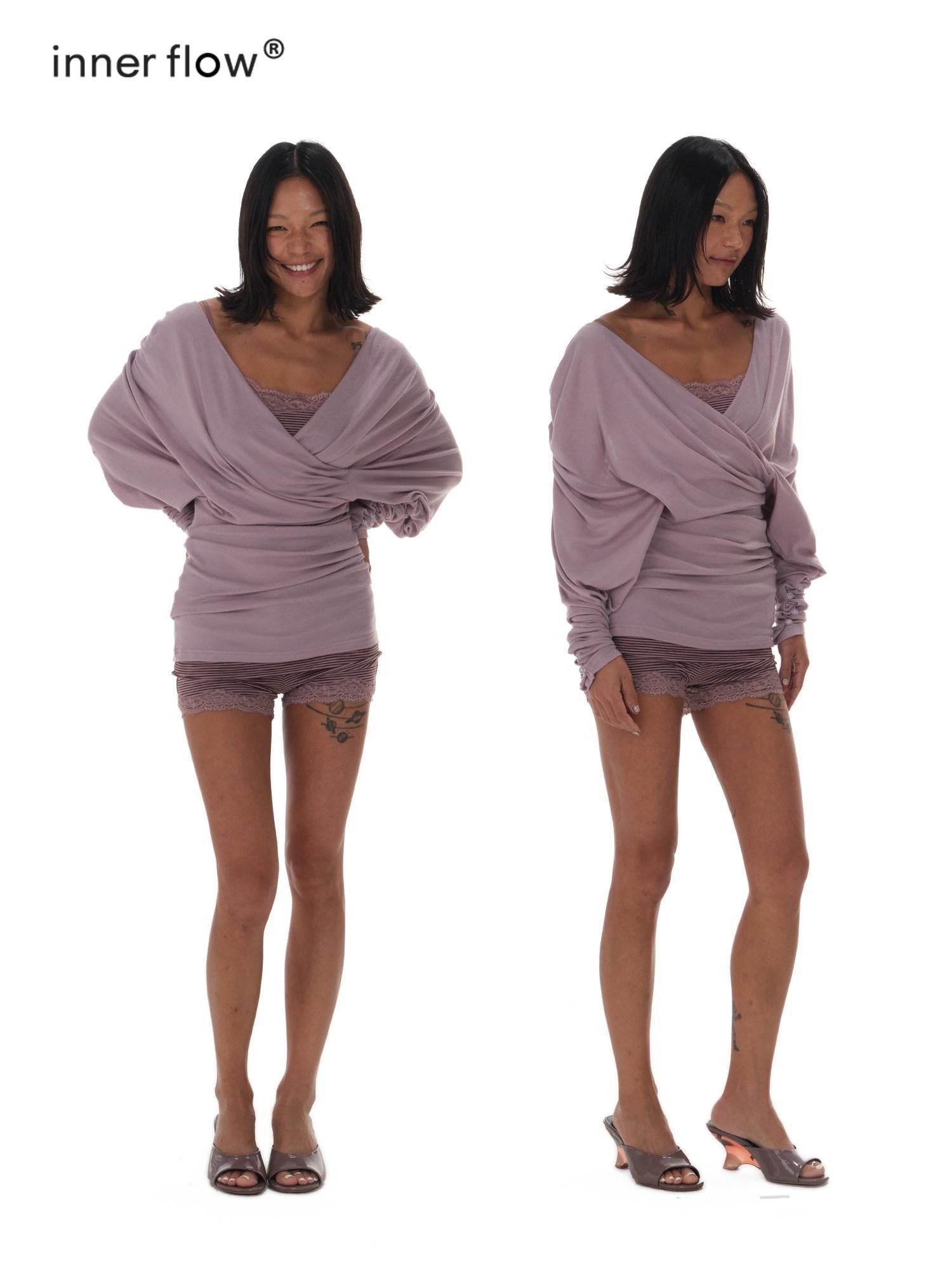 innerflow Drapey Purple Striped Lace V-neck Women&