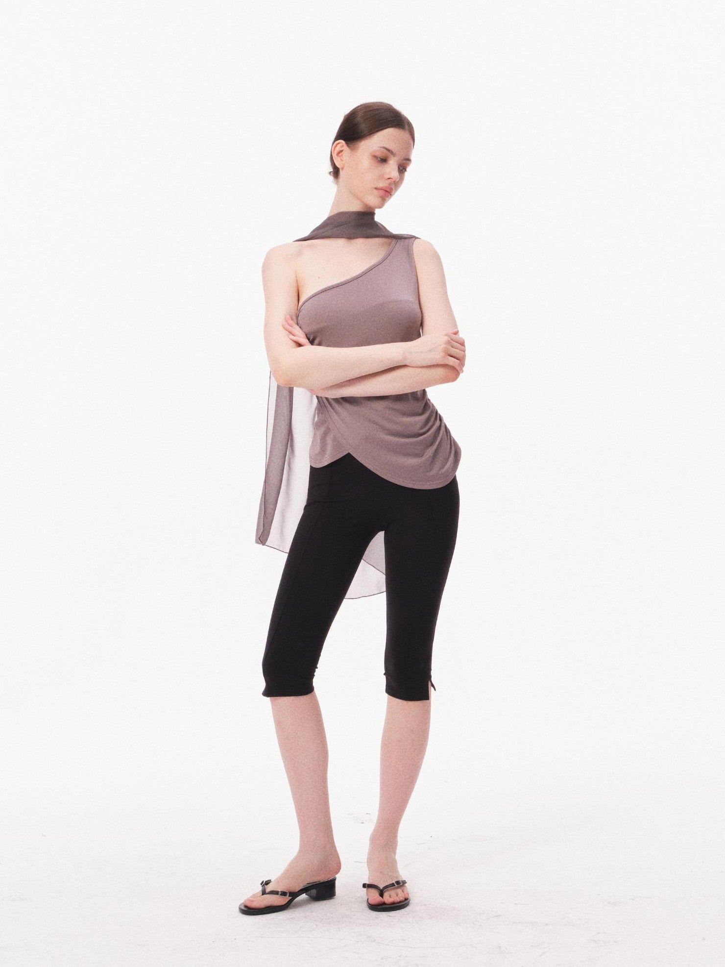 innerflow Gray Asymmetric One Shoulder Ribbon Tie Women&