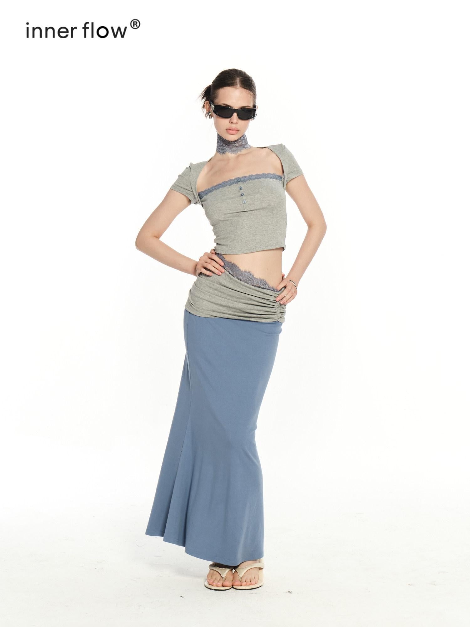 innerflow Gray Blue Contrast Lace Cropped T Shirt Women&