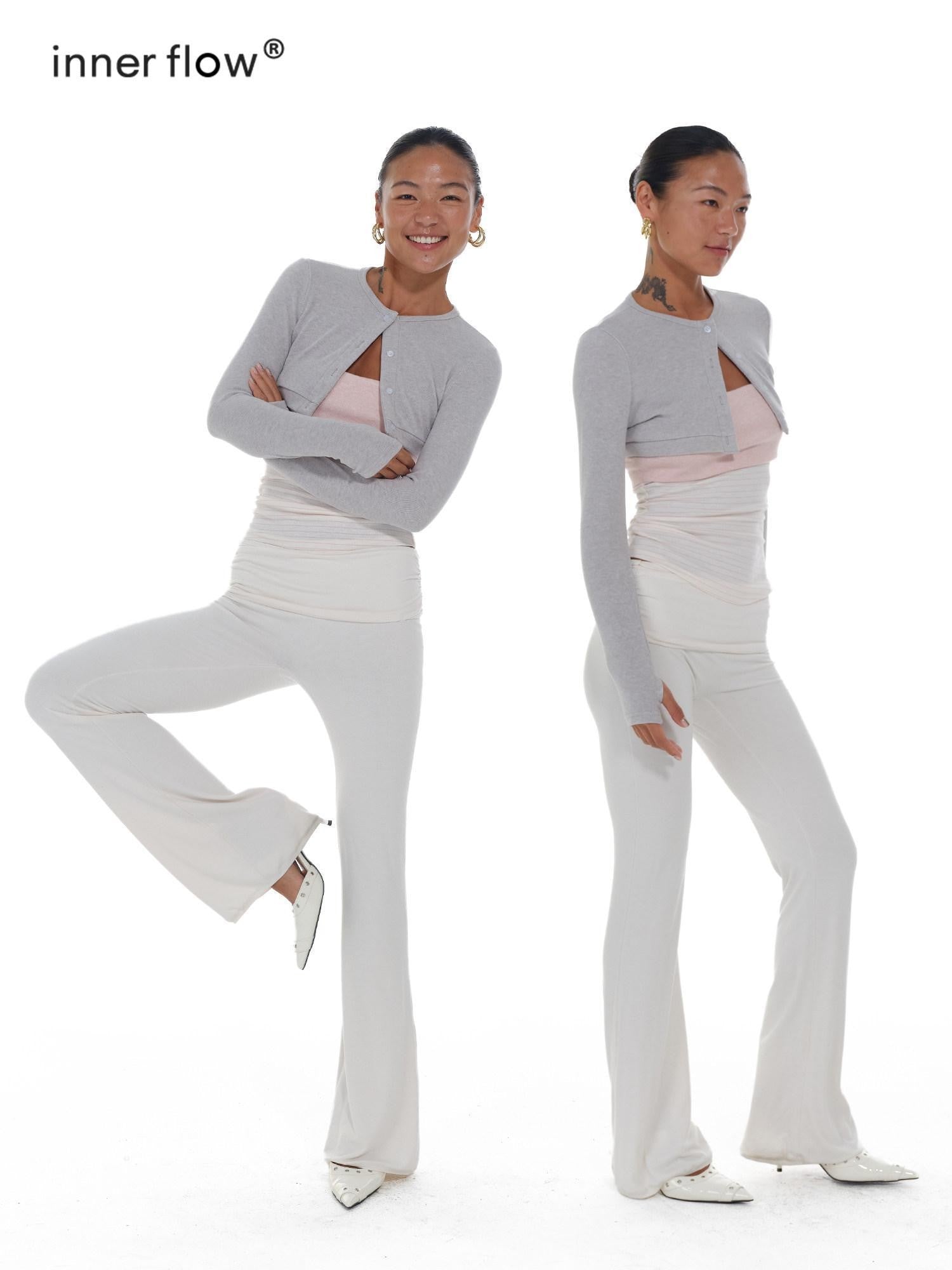 innerflow Gray Pink Striped Spliced Cropped Slim Two Piece Set Women&
