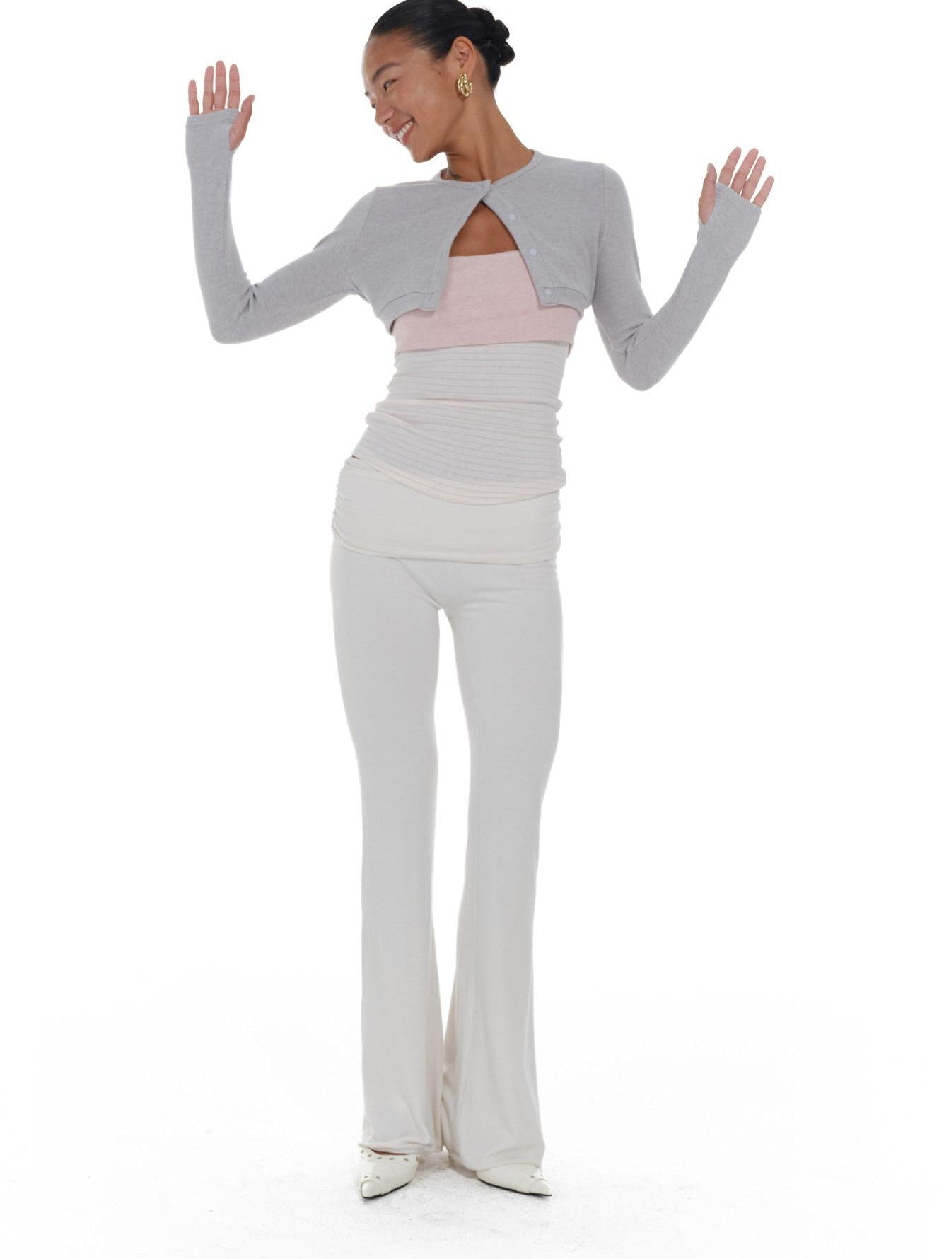 innerflow Gray Pink Striped Spliced Cropped Slim Two Piece Set Women&