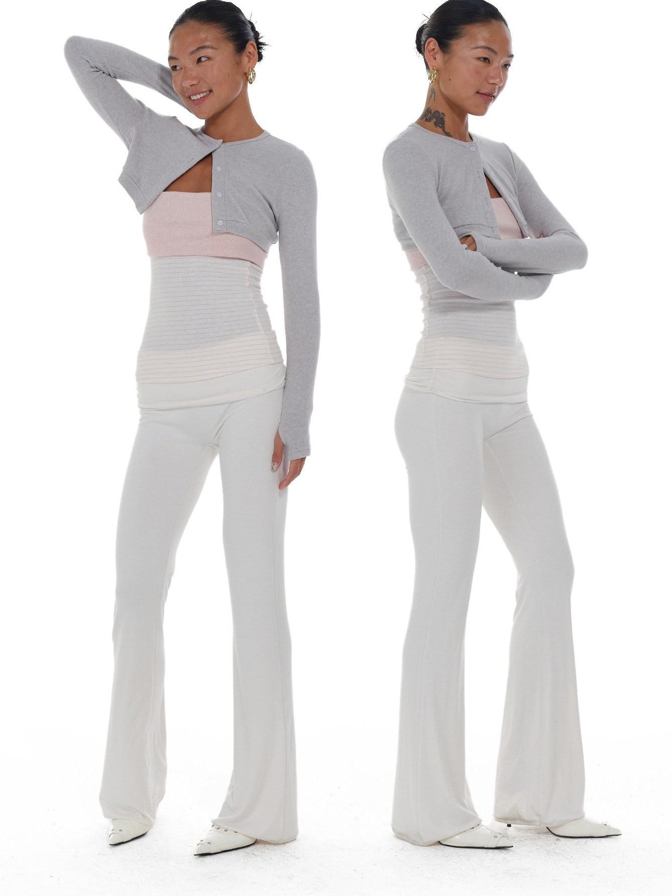 innerflow Gray Pink Striped Spliced Cropped Slim Two Piece Set Women&