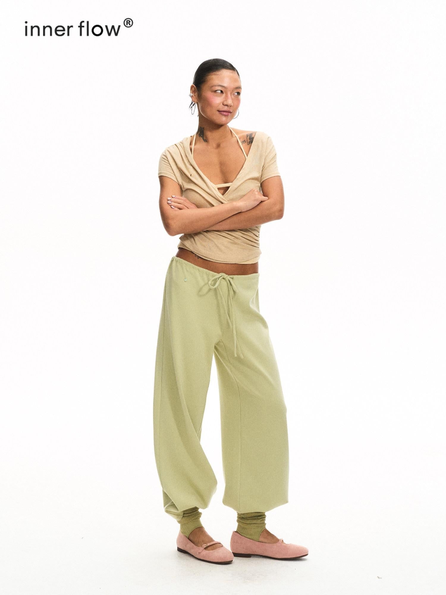 innerflow Khaki Green Deer Print Colorblock Women&