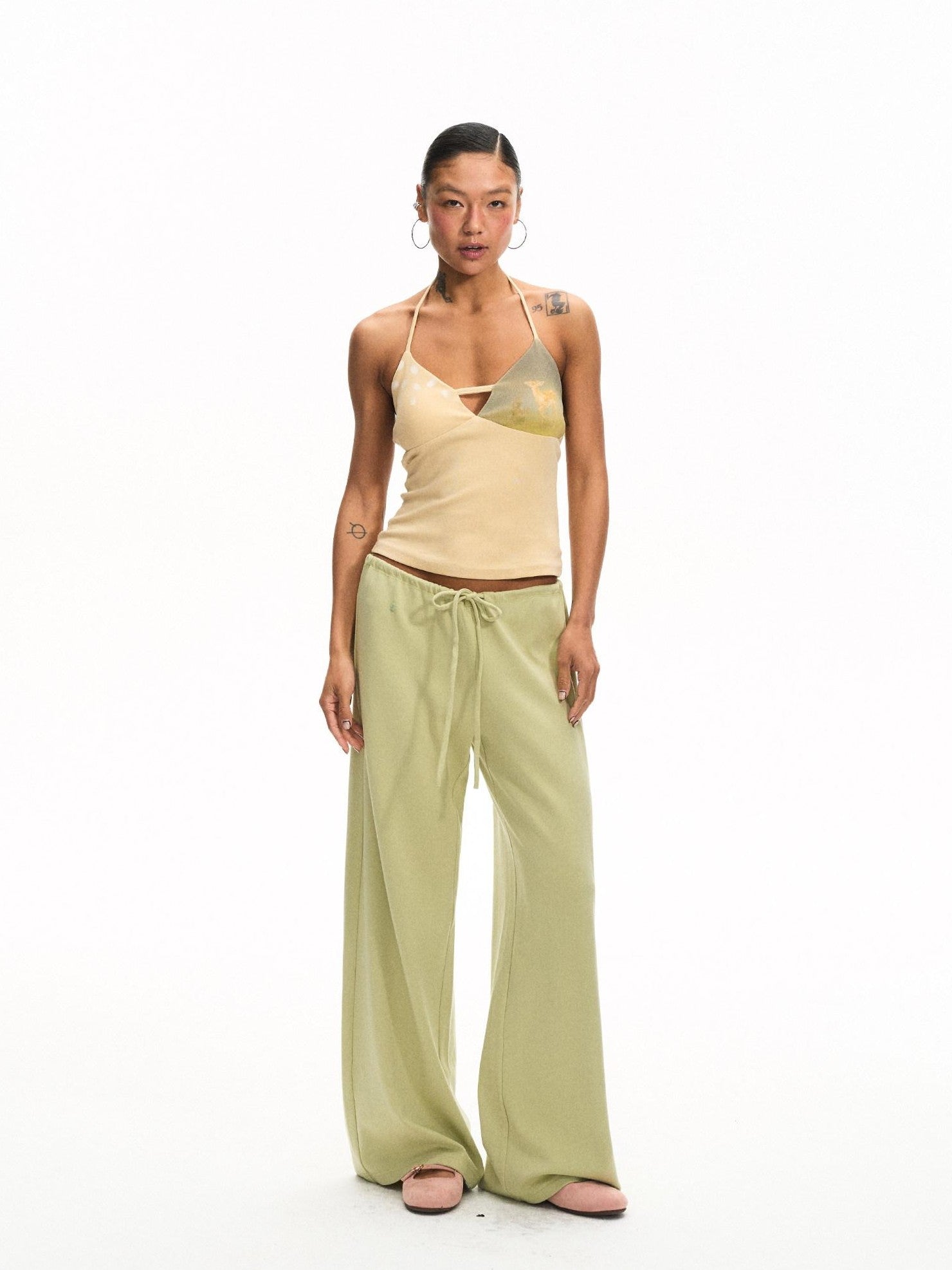 innerflow Khaki Green Deer Print Colorblock Women&