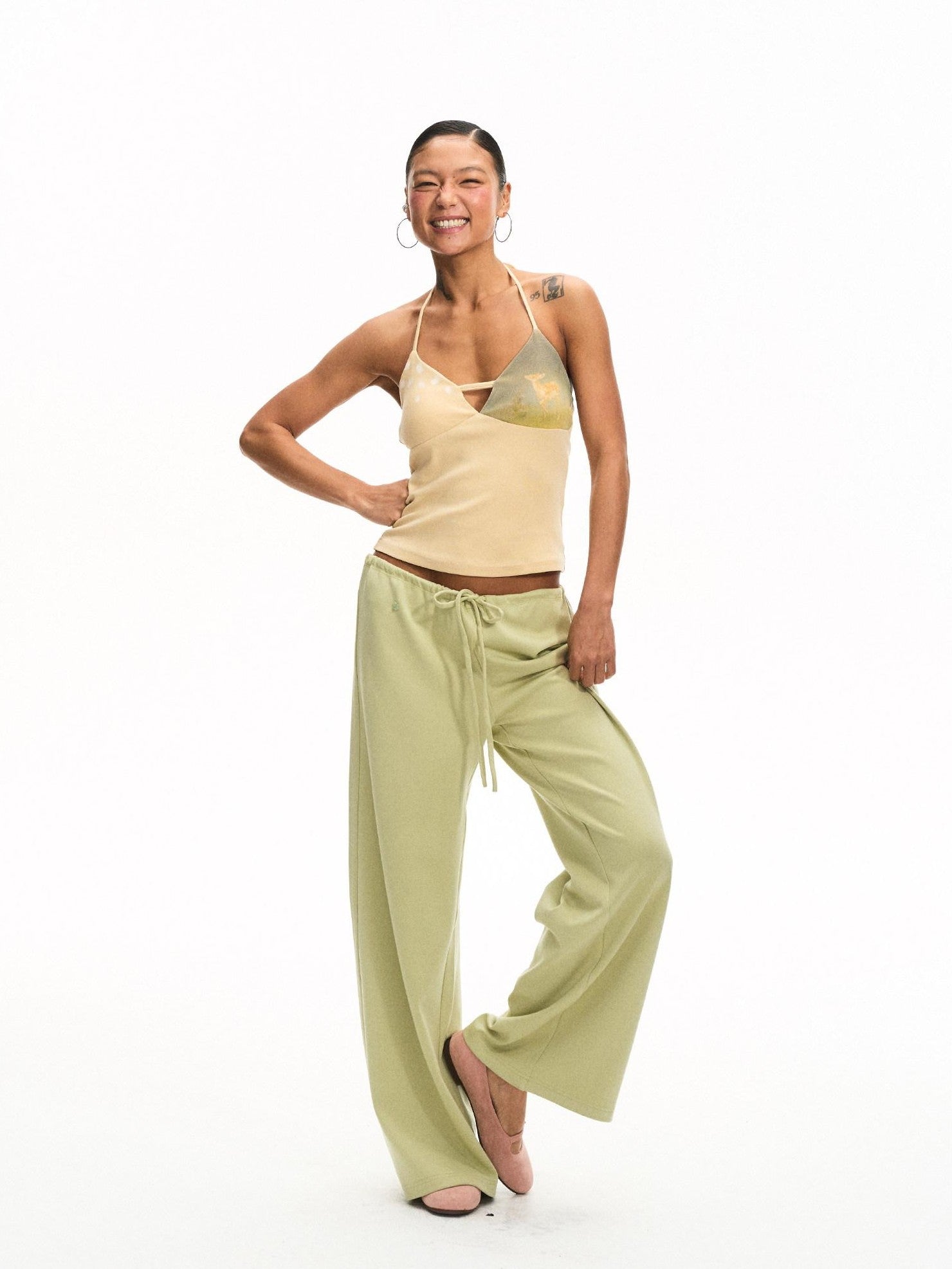 innerflow Khaki Green Deer Print Colorblock Women&