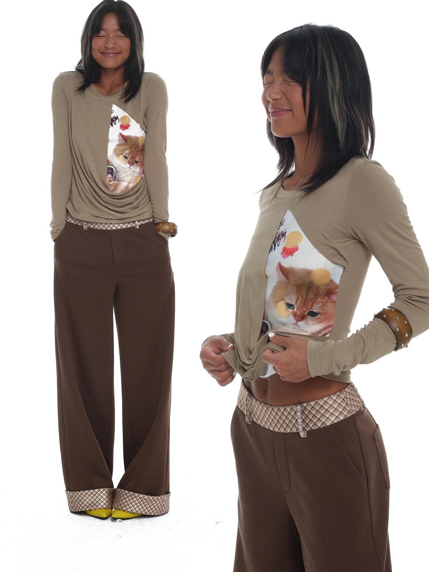 innerflow Khaki Pet Print Round Neck Slim Fit Women&