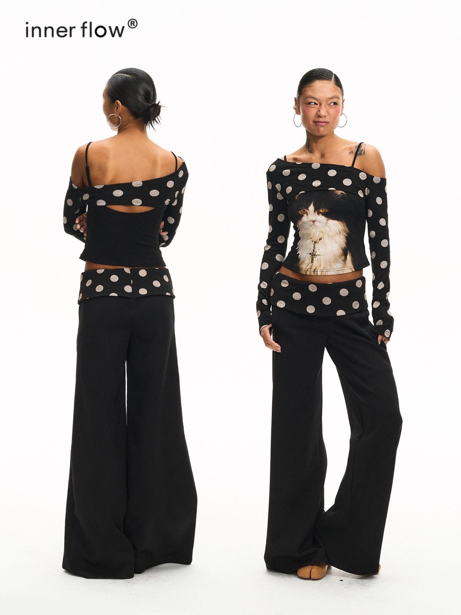 innerflow Khaki Polka Overlay Cat Cami Black Polka Pants Women&