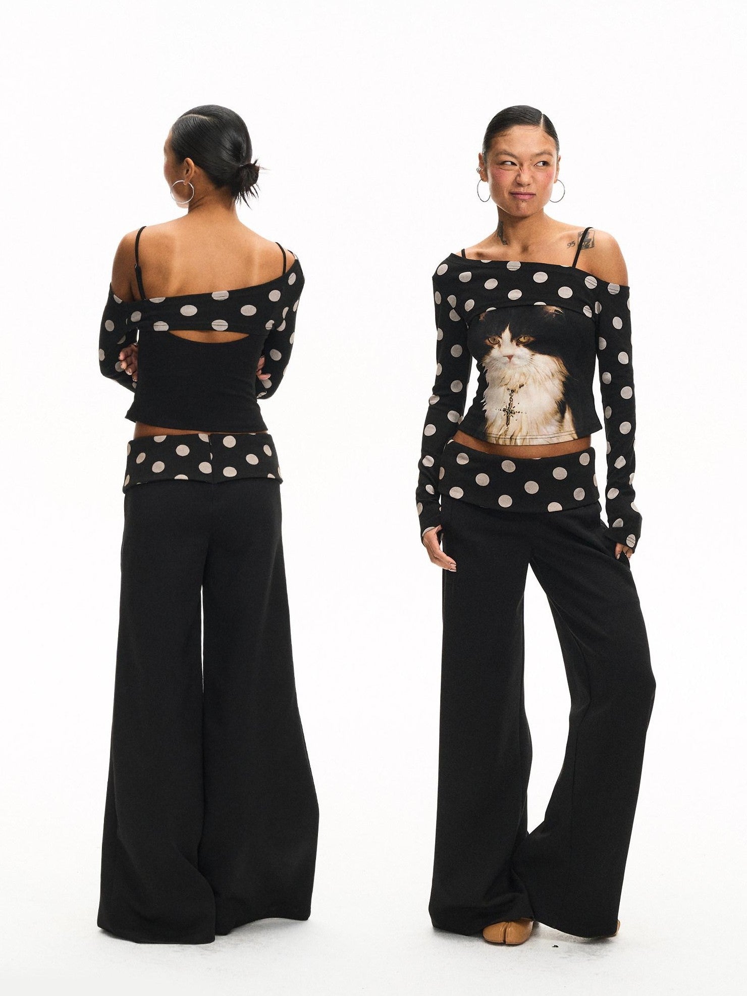 innerflow Khaki Polka Overlay Cat Cami Black Polka Pants Women&