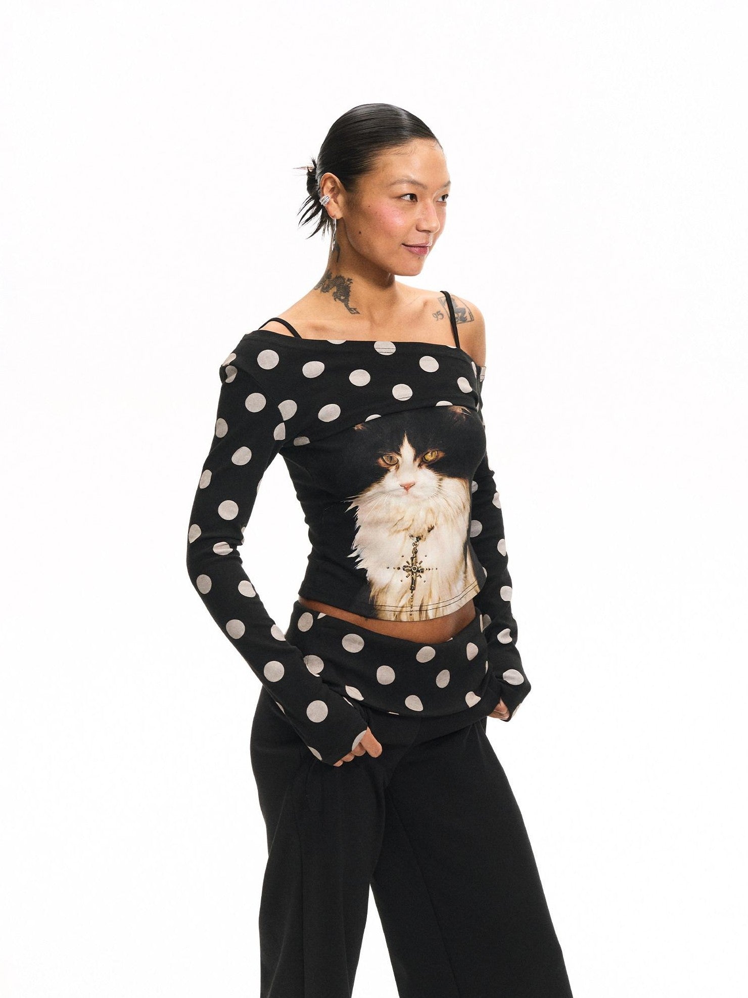 innerflow Khaki Polka Overlay Cat Cami Black Polka Pants Women&