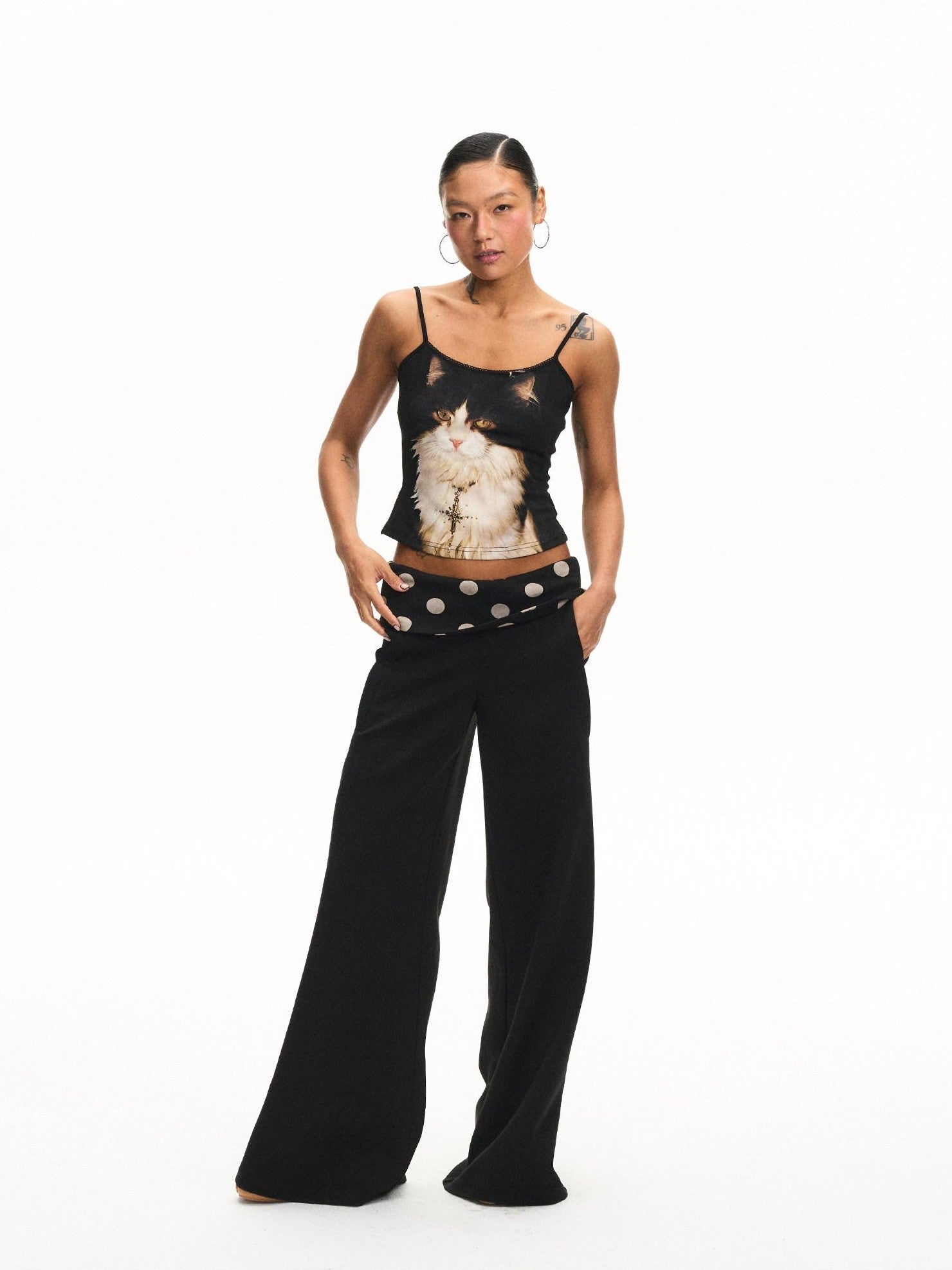 innerflow Khaki Polka Overlay Cat Cami Black Polka Pants Women&
