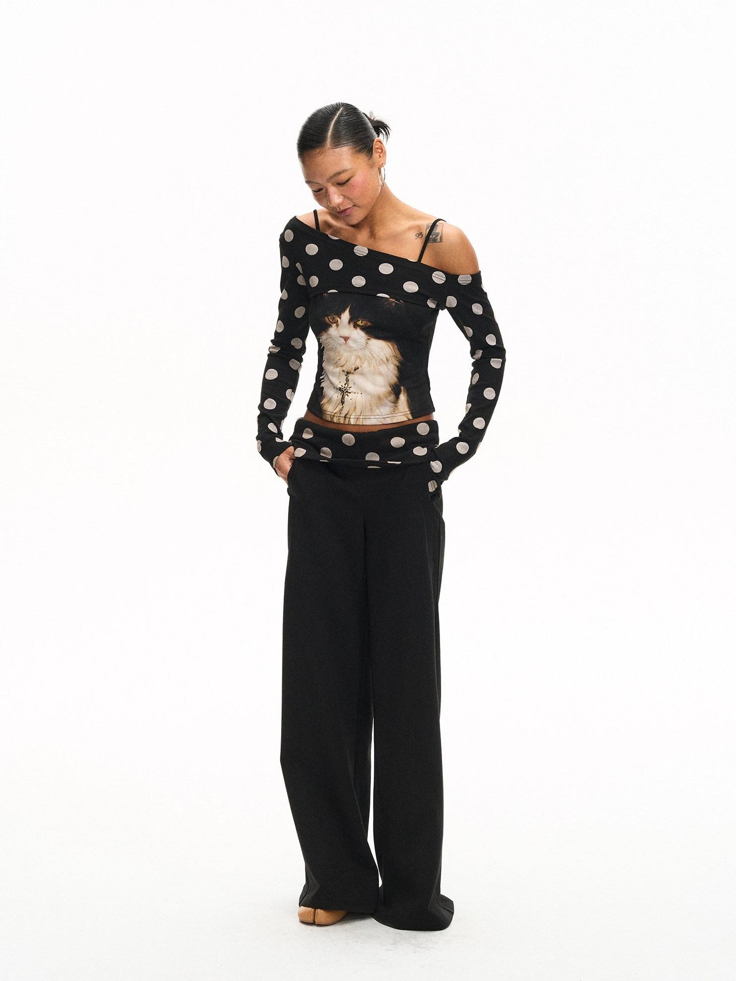 innerflow Khaki Polka Overlay Cat Cami Black Polka Pants Women&