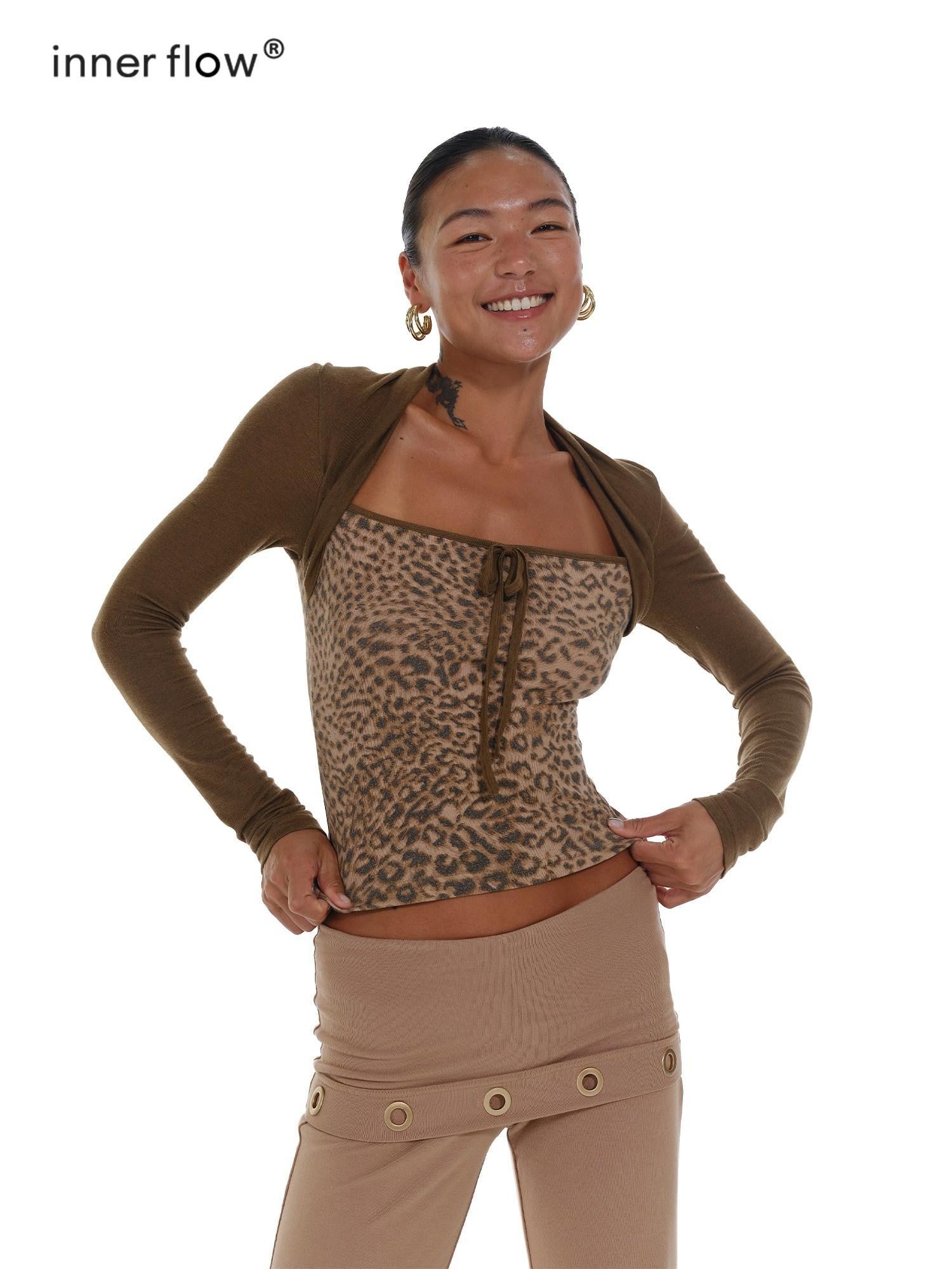 innerflow Leopard Colorblock Faux Layered Women&