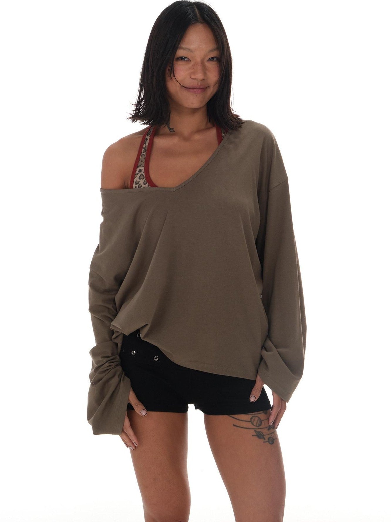 innerflow Leopard Print Asymmetric Shoulder Loose Lettered Women&