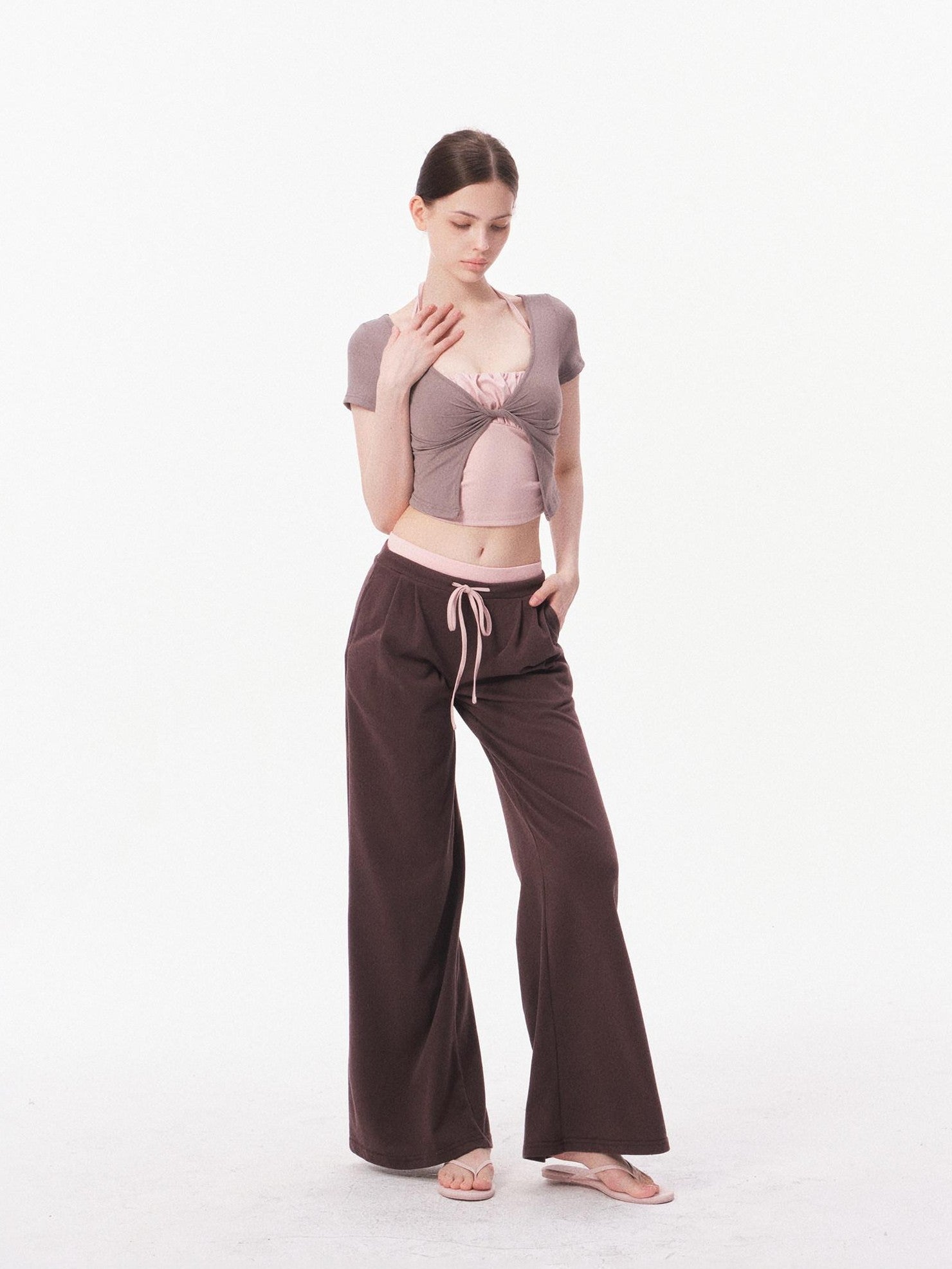 innerflow Nude Skin Cropped Tie Cardigan Camisole High Waist Pants Women&