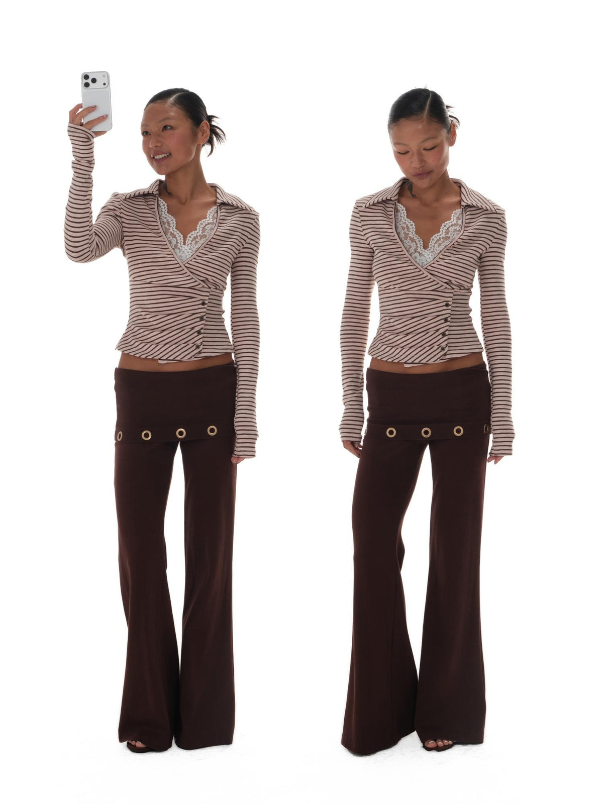innerflow Pink Brown Striped Lace Trim Collared Women&