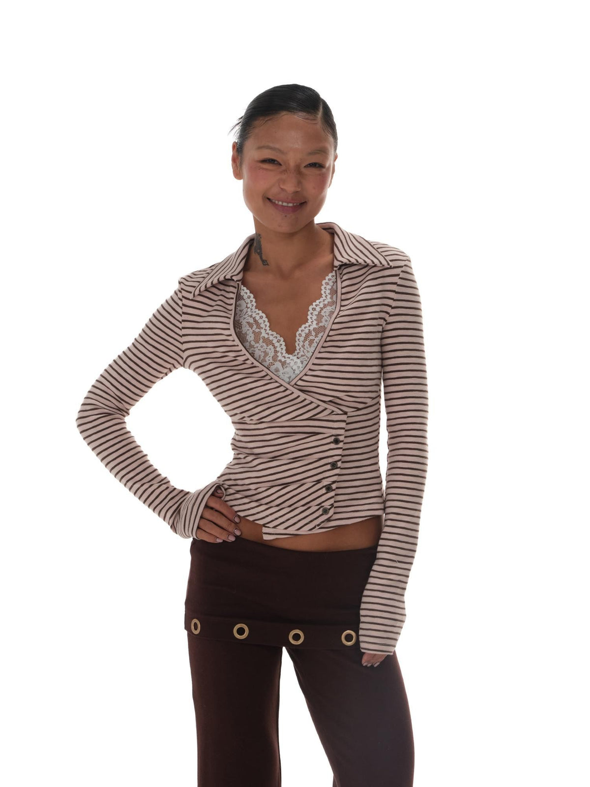 innerflow Pink Brown Striped Lace Trim Collared Women&