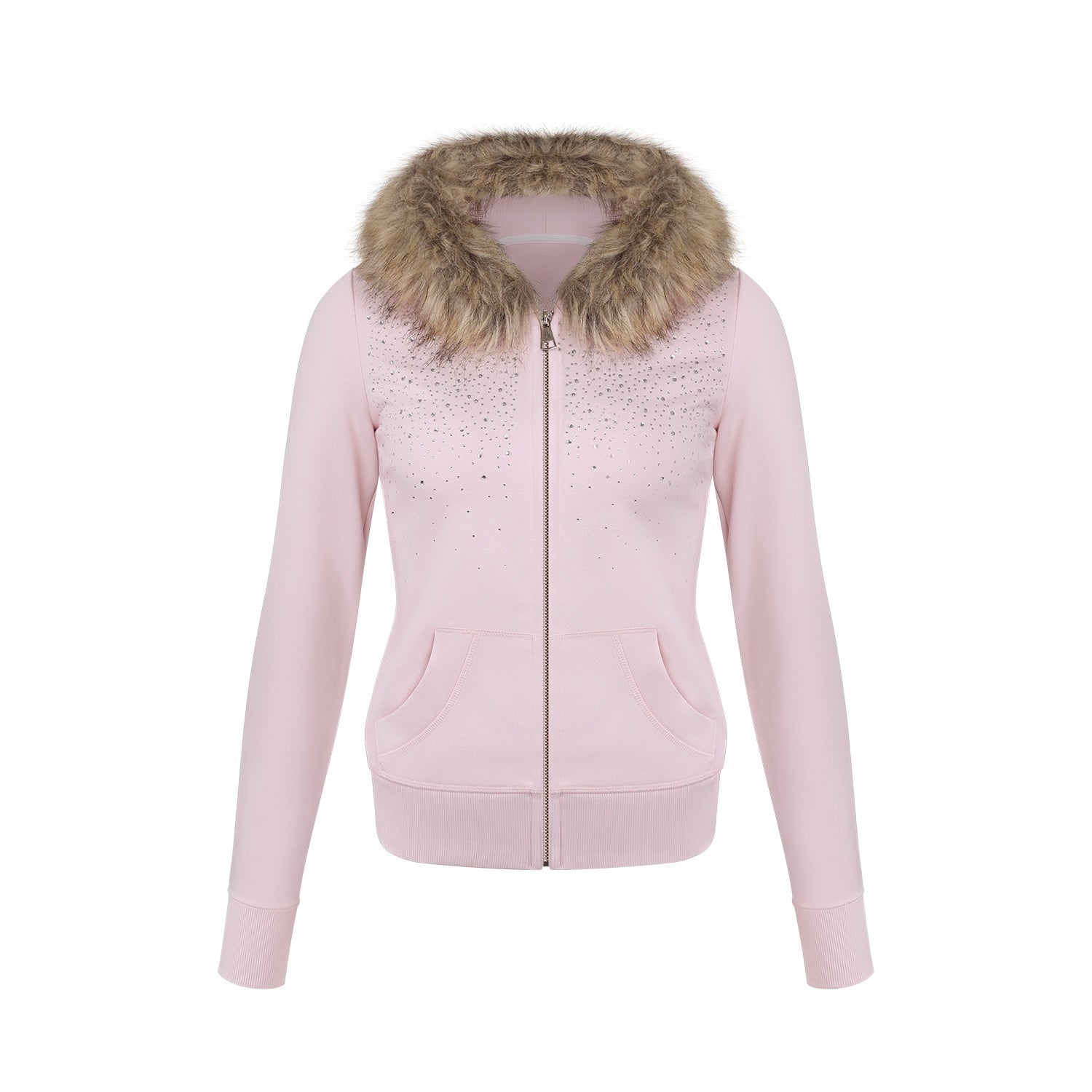 innerflow_Pink_Slim_Waist_Fur_Collar_Rhinestone_Hooded_Women&
