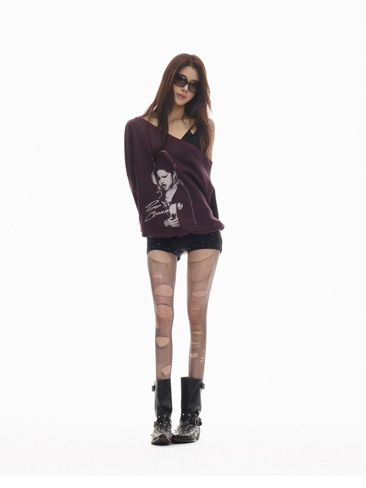 innerflow Print Asymmetric Neck Drop Shoulder Loose Women&